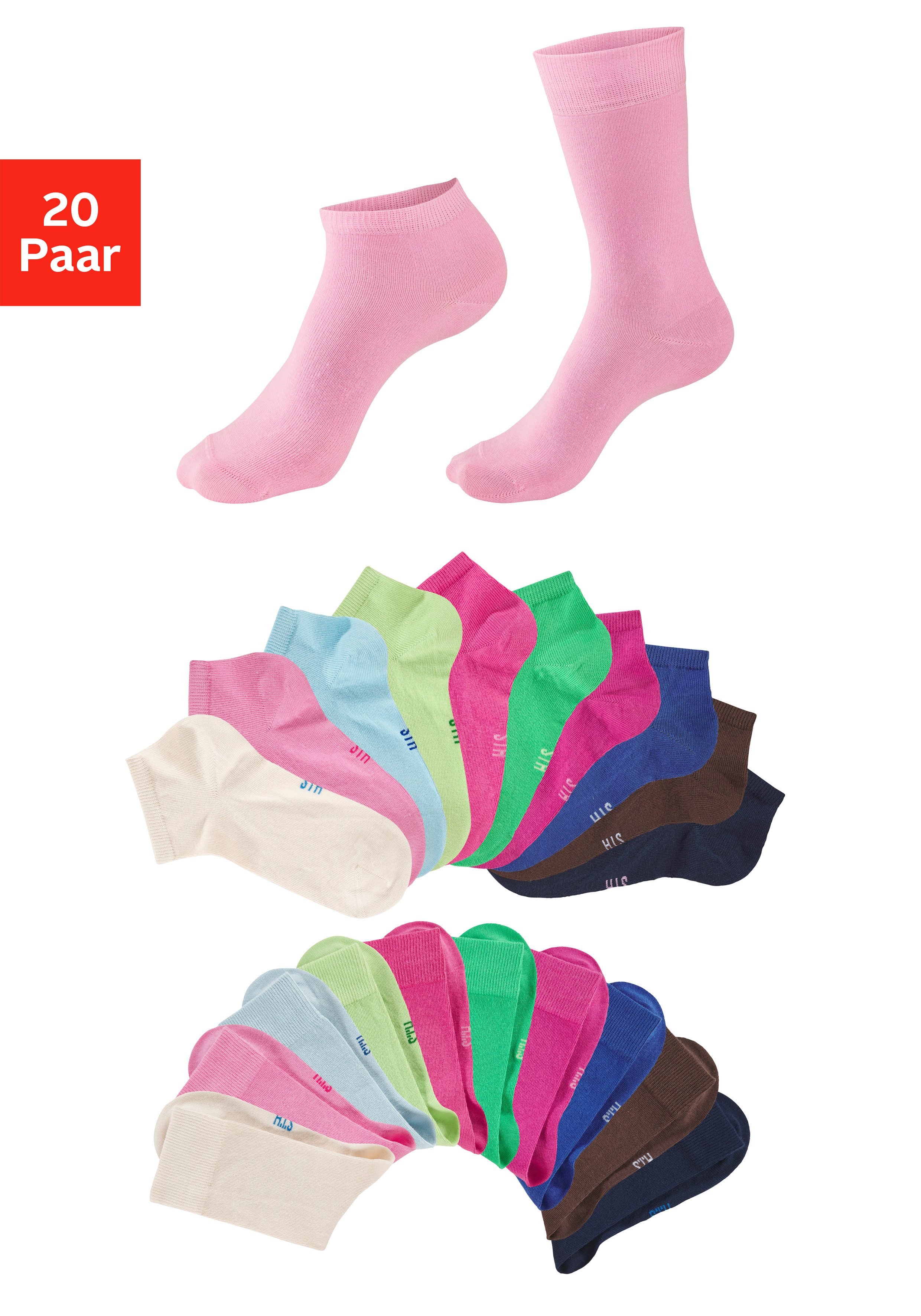 H.I.S Basicsocken Damen und Herren Atmungsaktiver Baumwollanteil, Business, Basic (Packung, 20-Paar, Gr. 35-38 bis 47-48) zwei Längen im Kombi Pack