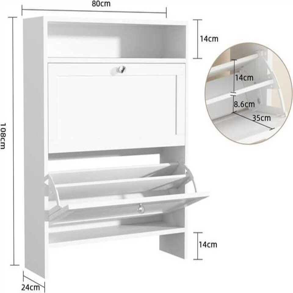 VOWNER Schuhschrank Schuhregal Schuhkipper Schmal, Schuhkommode mit 2 Klappen, 4 Fächern (1-St) 80 x 108 x 24cm
