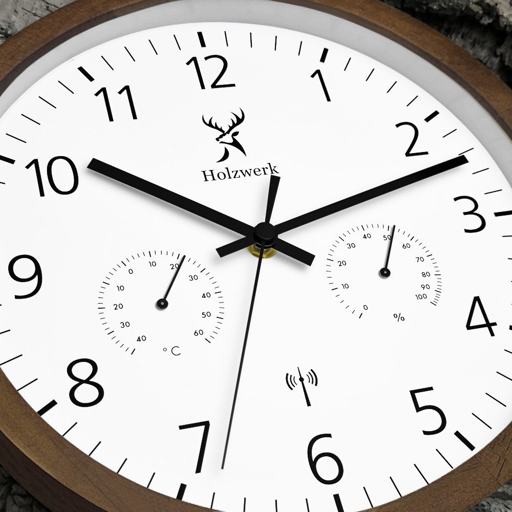 Holzwerk Funkwanduhr Hygrometer & Thermometer Holz Loft Designer Funk-Wanduhr (Nahezu lautloses Uhrwerk, analog, 30 cm)
