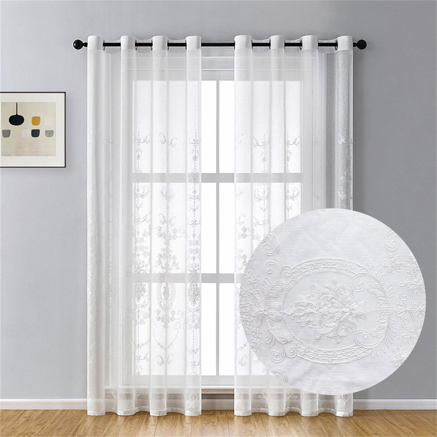 (2 schals Vorhänge Stickerei Sheer, Fensterschal Schlafzimmer St), Gardine Gaze Transparent, Voile mit paarig Ösen, Blumen Sunicol, Wohnzimmer für