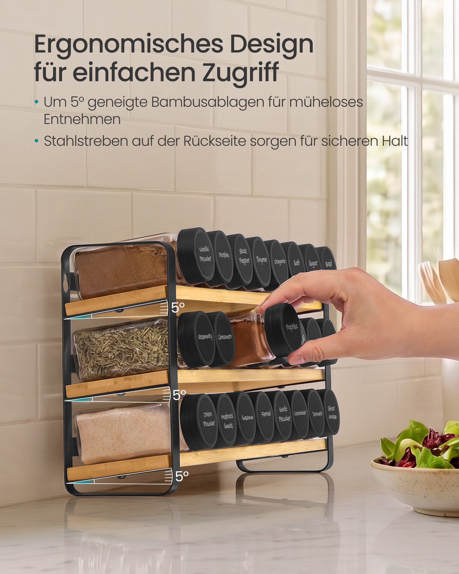 SONGMICS Gewürzregal Bezug abnehmbar, waschbar, rutschfest, Innenfutter wasserabweisend, mit 24 Gewürzgläser, Aufbewahrung Küche, 9 x 39,5 x 19,5 cm – Bild 5 von 5