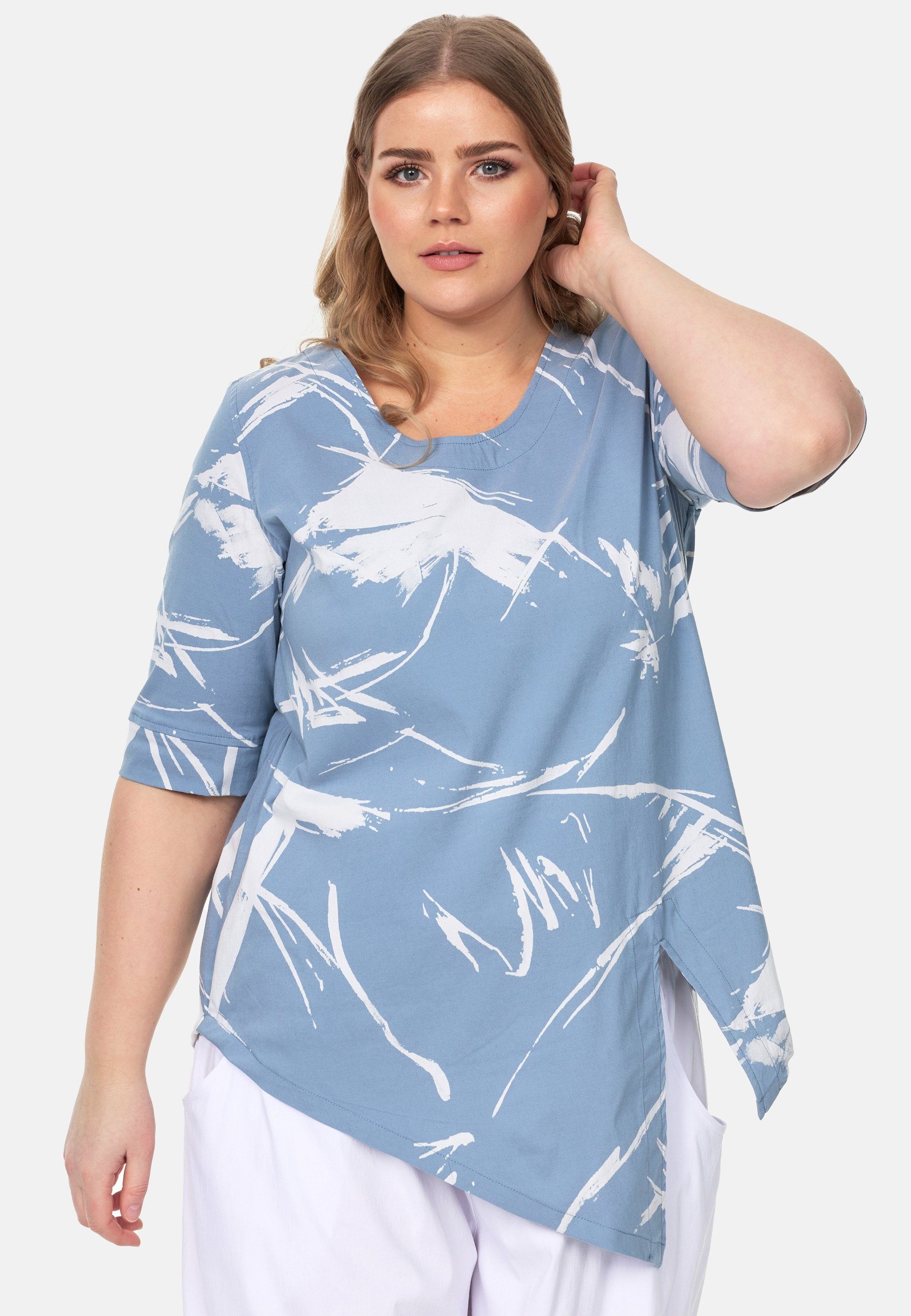 Tunikashirt Muster Saum asymmetrischem Shirt Tunika mit 'Flora' Kekoo A-Line Blau in