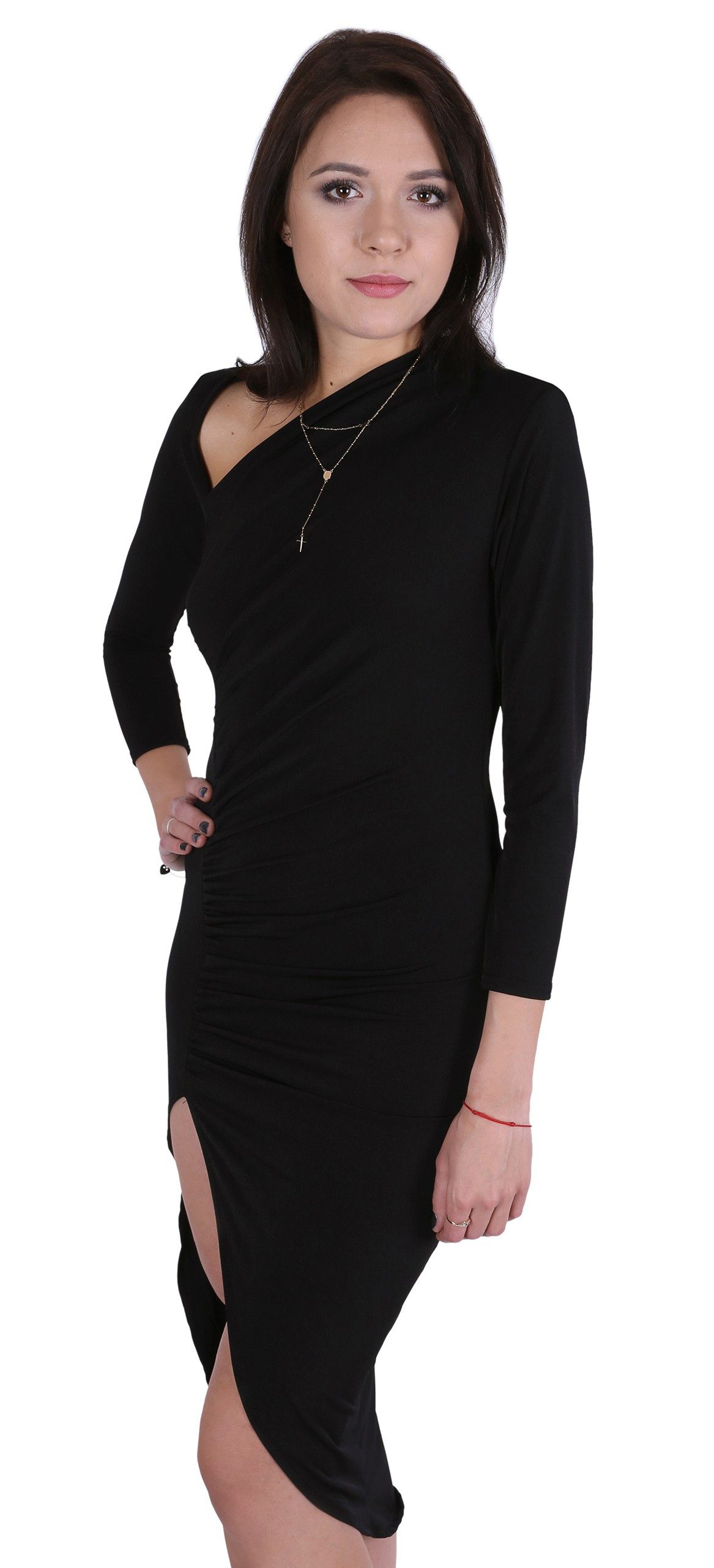 Midikleid Schwarzes asymmetrisches Kleid mit Schlitz John Zack XL