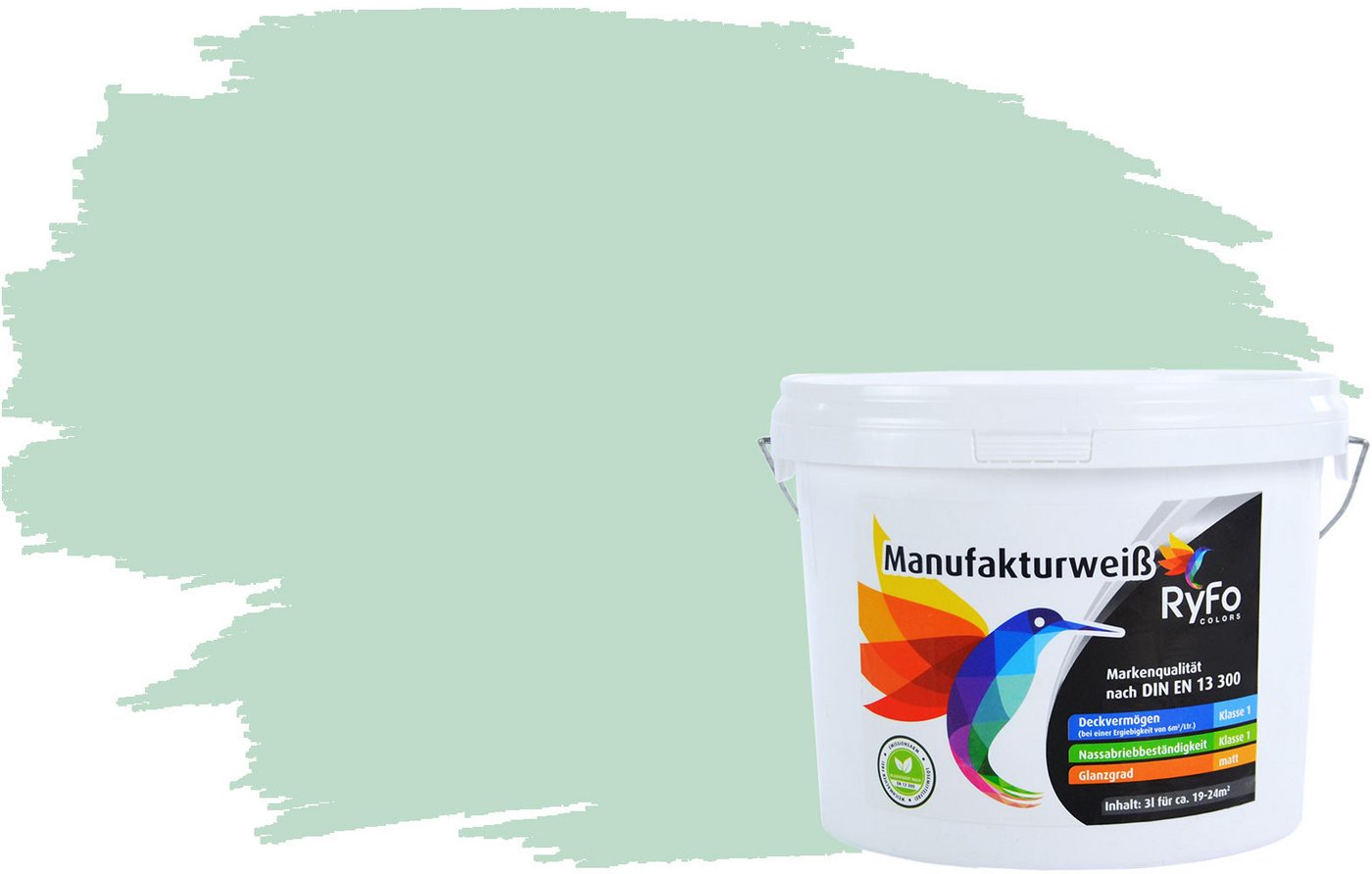 RyFo Colors Wand- und Deckenfarbe Manufakturweiß Grüntöne,1 L reicht für ca. 8 m², Deckkraft-/Nassabriebklasse 1, matt, atmungsaktiv, für Innenräume