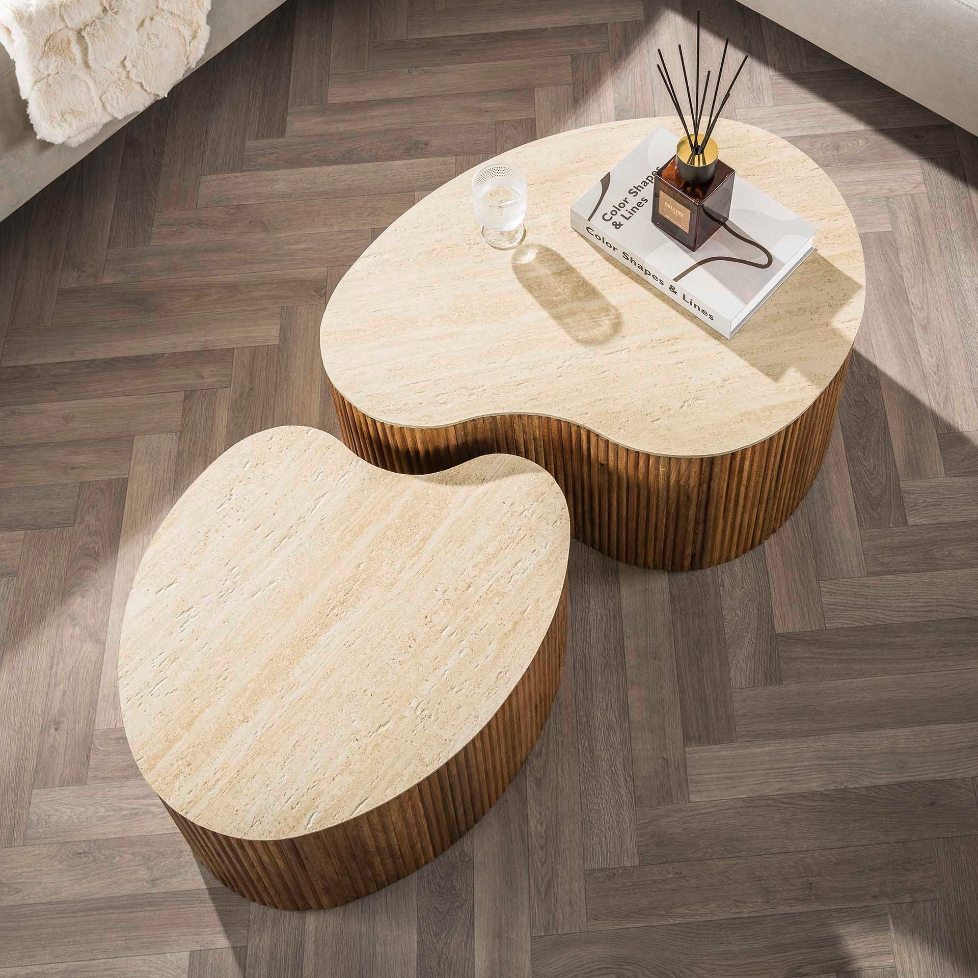 LEVEN Lifestyle Couchtisch 2´er Set LUVIO organische Form Tischplatte Keramik Travertin Optik (2-teiliges Couchtisch-Set), Keramik in Travertinoptik, modernes naturinspiriertes Design