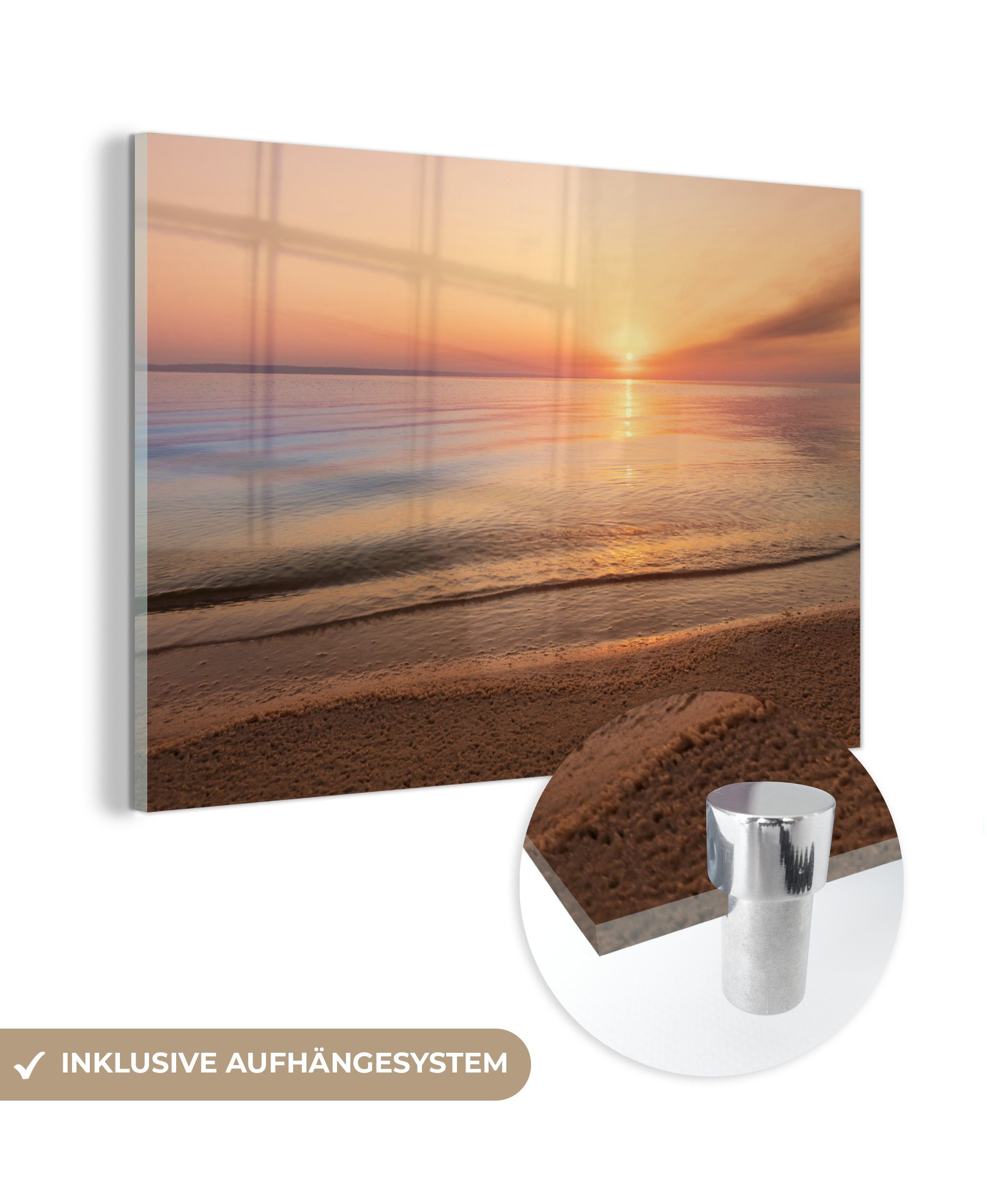 (1 Sonnenuntergang, Glas Wanddekoration - Meer Rosa Wandbild MuchoWow Strand - St), Glas - Glasbilder - - Acrylglasbild auf Bilder auf Foto -