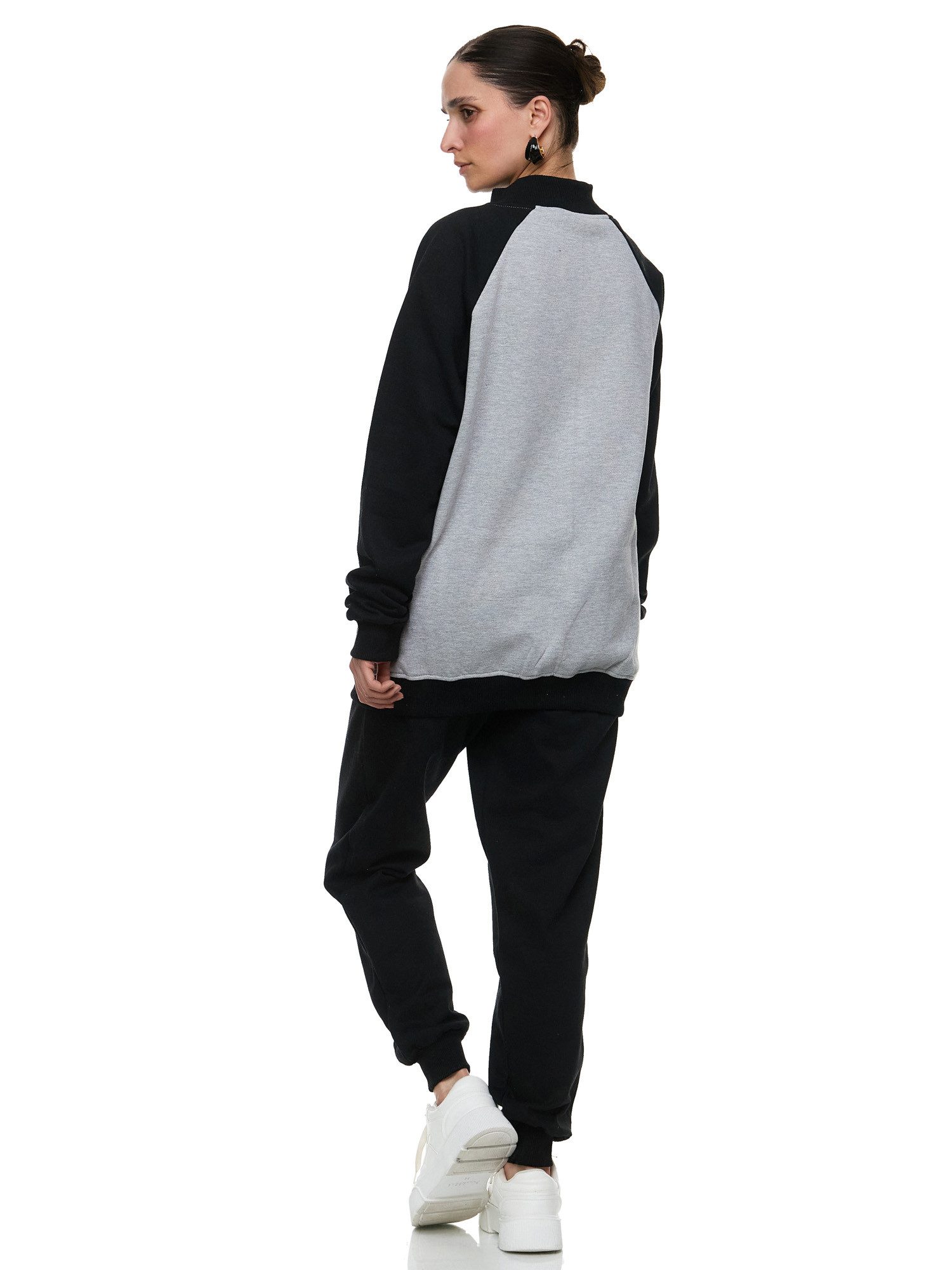 L.gonline Freizeitanzug Damen Trainingsanzug Freizeitanzug ohne Kapuze 500A Grau, L (Sweatjacke ohne Kapuze mit Hose, 2-tlg), Fitness Freizeit Casual