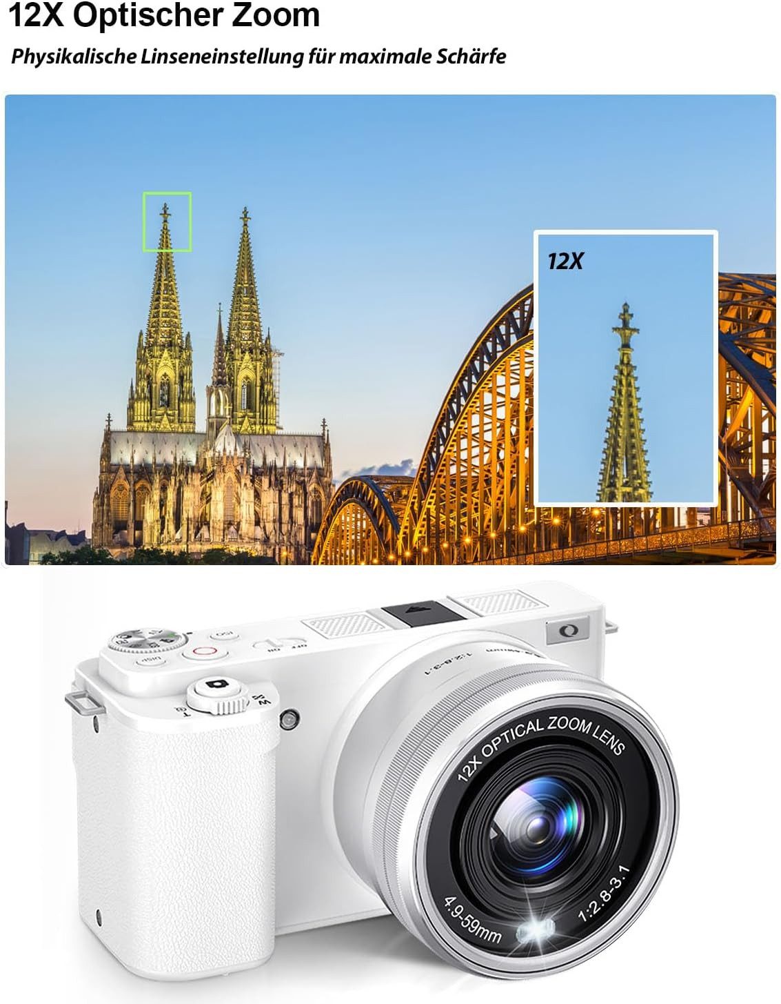 FANNOU Digitalkamera 4K Digital Fotokamera mit 12X Optischer Zoom und WLAN Kompaktkamera (64 MP, 12x opt. Zoom, Autofokus Kamera mit schutzhülle, 2 Akkus und Ladegerät für Einsteiger)