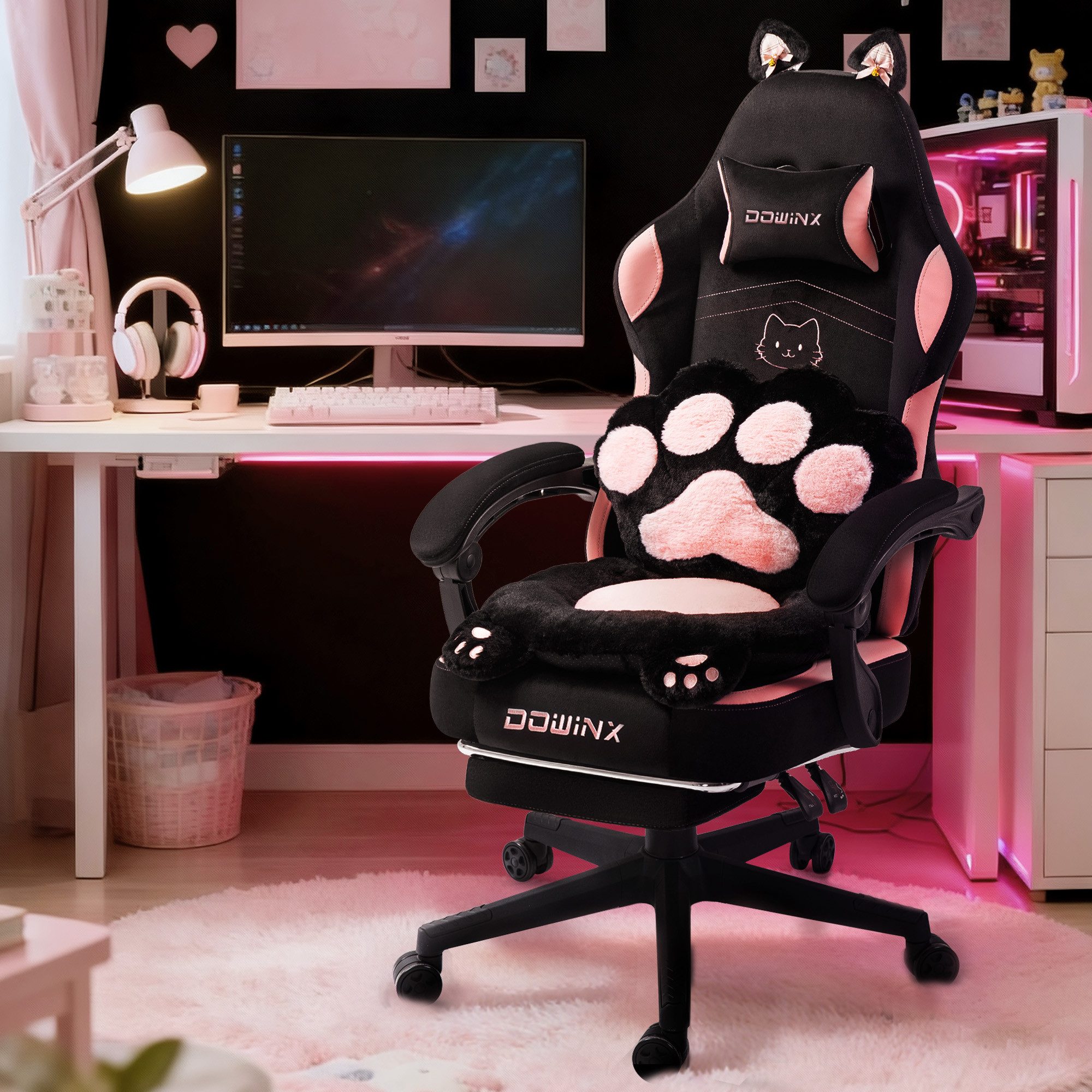 Dowinx Gaming-Stuhl Niedlich mit Katzenohren, Pfoten-Lendenkissen und Sitzkissen, (Packung), Ergonomischer Computerstuhl mit Fußstütze, PC-Spiele-Stuhl für Mädchen
