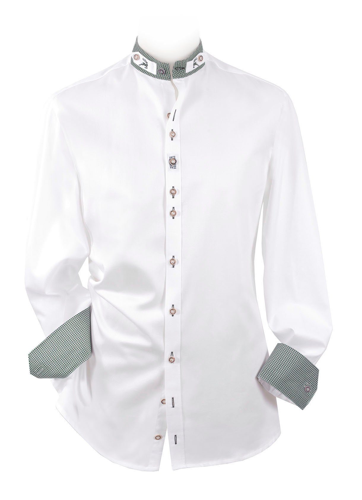 Moschen-Bayern Trachtenhemd Trachtenhemd SLIM FIT Herren Stehkragen Wiesnhemd Hirsch Langarm Weiß