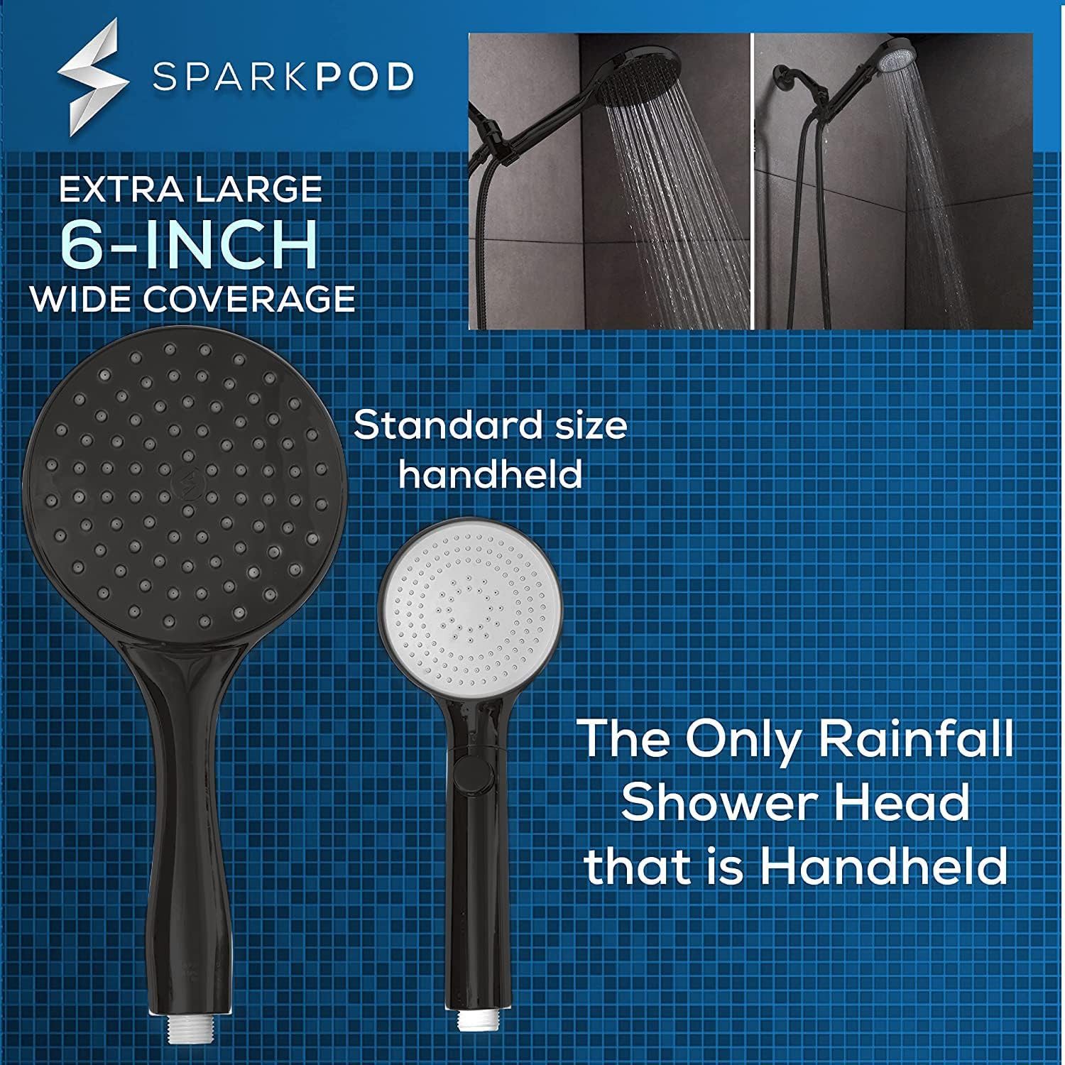 sparkpod Duschbrause Premium 6 Zoll Hochdruck Handbrause Duschkopf XXL, (Premium Handbrause-Duschkopf-Set, XXL Duschkopf Anti-Kalk Düsen), Einzigartiger 15 cm H – Bild 3 von 5
