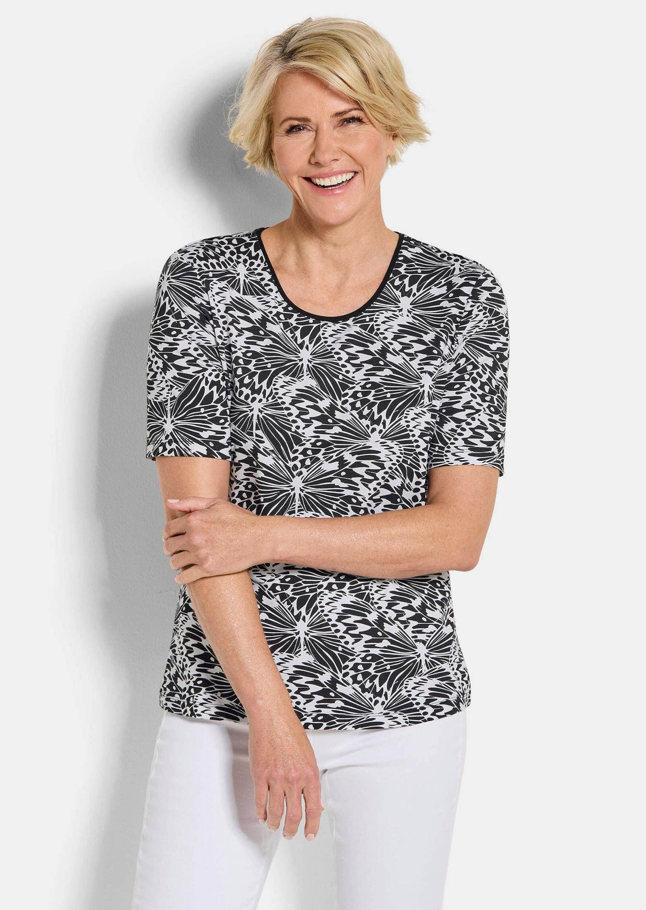 GOLDNER T-Shirt Cityshirt mit Schmetterlings-Motiv Viskoseshirt mit Rundhalsausschnitt und Halbarm