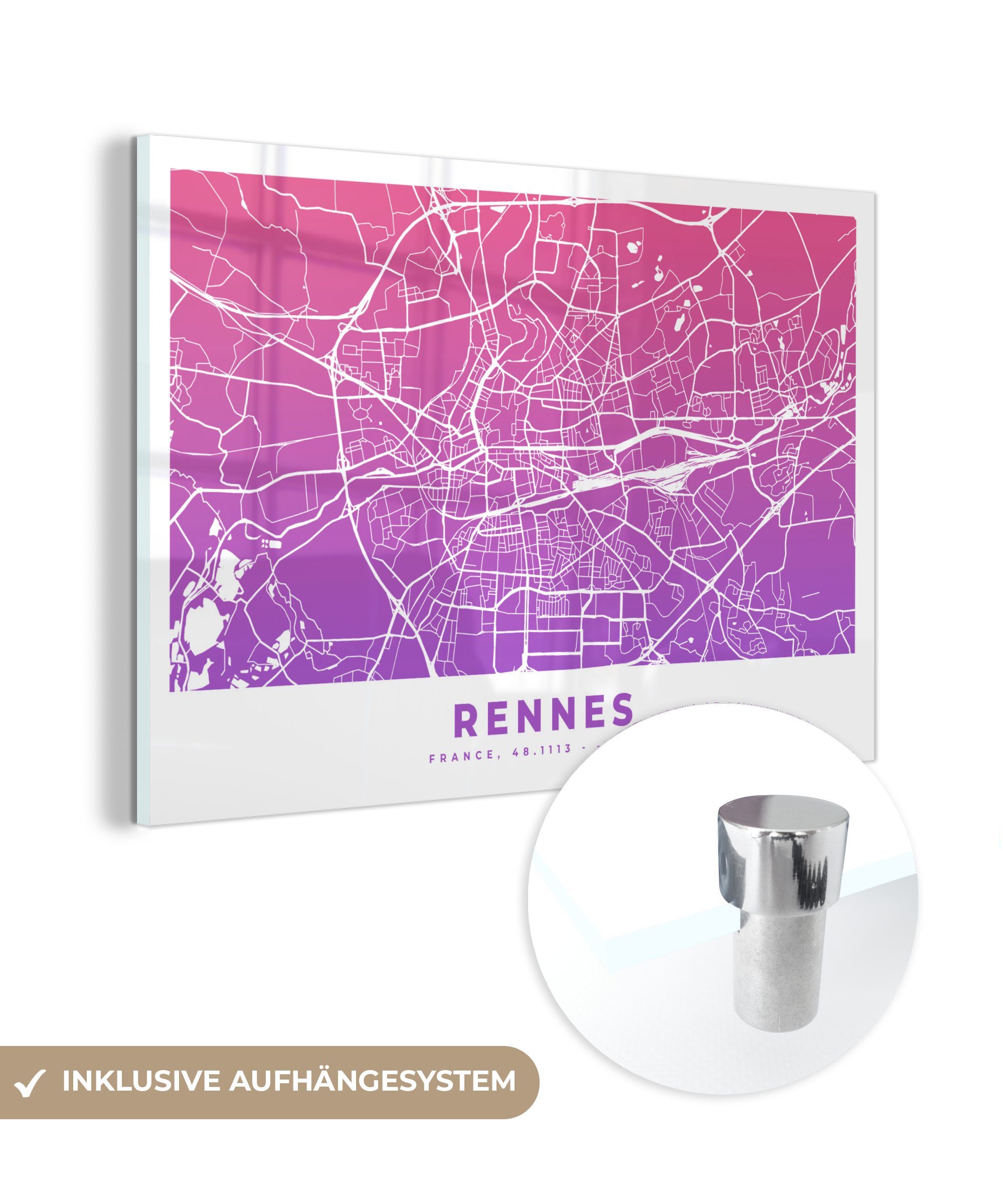 Wohnzimmer Schlafzimmer - St), Frankreich Stadtplan, Acrylglasbild Acrylglasbilder MuchoWow - & Rennes (1