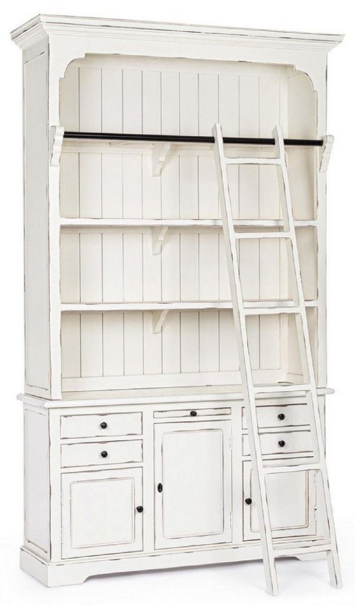 Casa Padrino Stauraumschrank Casa Padrino Landhausstil Schrank mit Leiter Antik Weiß 143,5 x 40,6 x H. 233,7 cm - Bücherschrank - Regalschrank - Wohnzimmerschrank - Büroschrank - Landhausstil Möbel