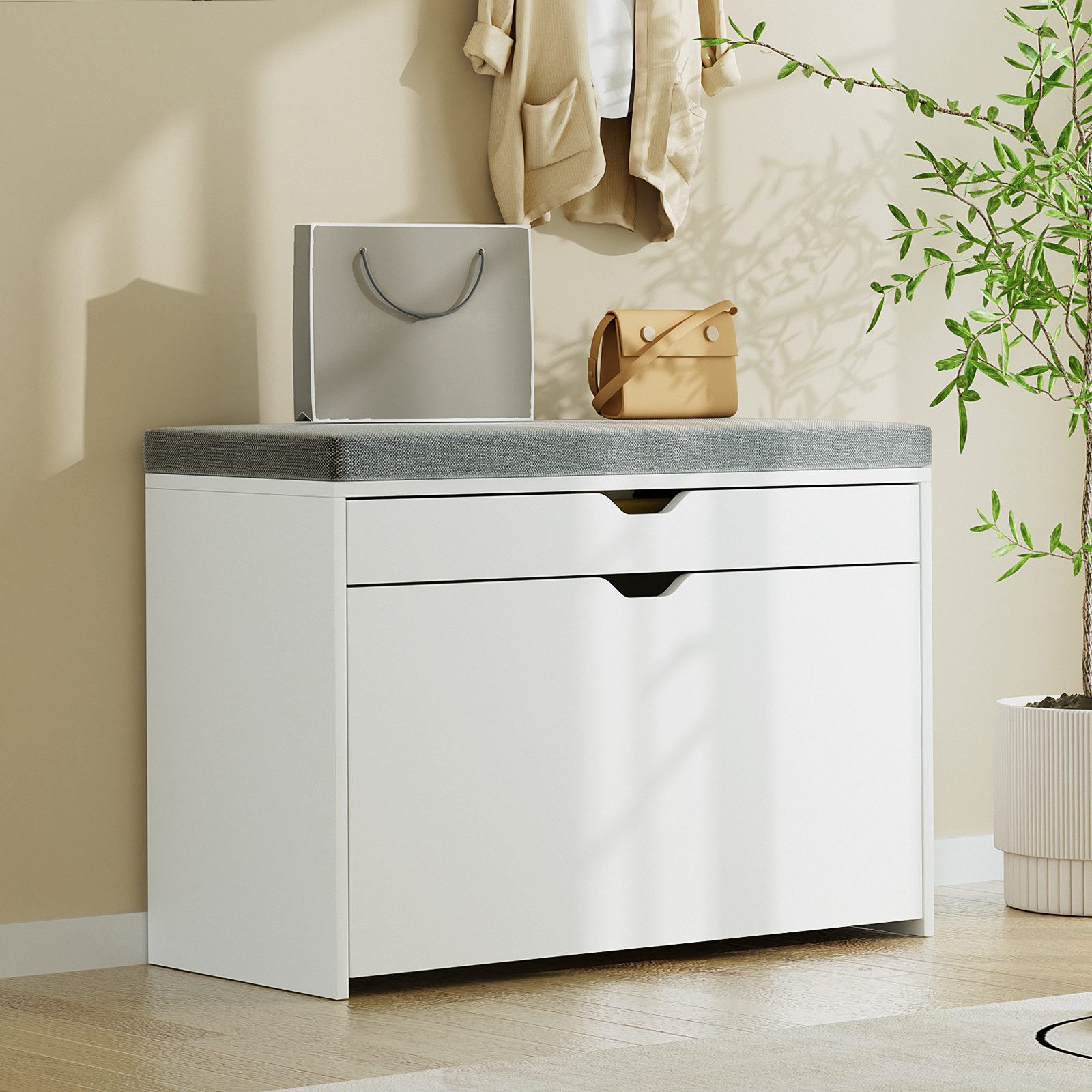 Schuhschrank mit Klappen – Schmaler Schuhregal, Sitzbank mit Kissen, verstellbar