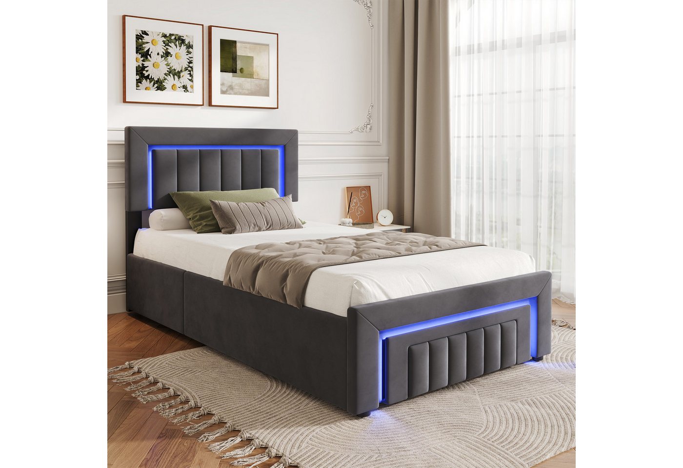 STILVORA Polsterbett 90×200 mit bettkasten,Funktionbett Boxspringbett mit LED & Schubladen (verstärkter Metallrahmen, stabiler Lattenrost, Gepolstertes Kopfteil, Bettkasten mit Hydraulik, Bettgestell mit Gepolstertes Kopfteil), mit einem Hebeseil, Samt-Stoff, Grau