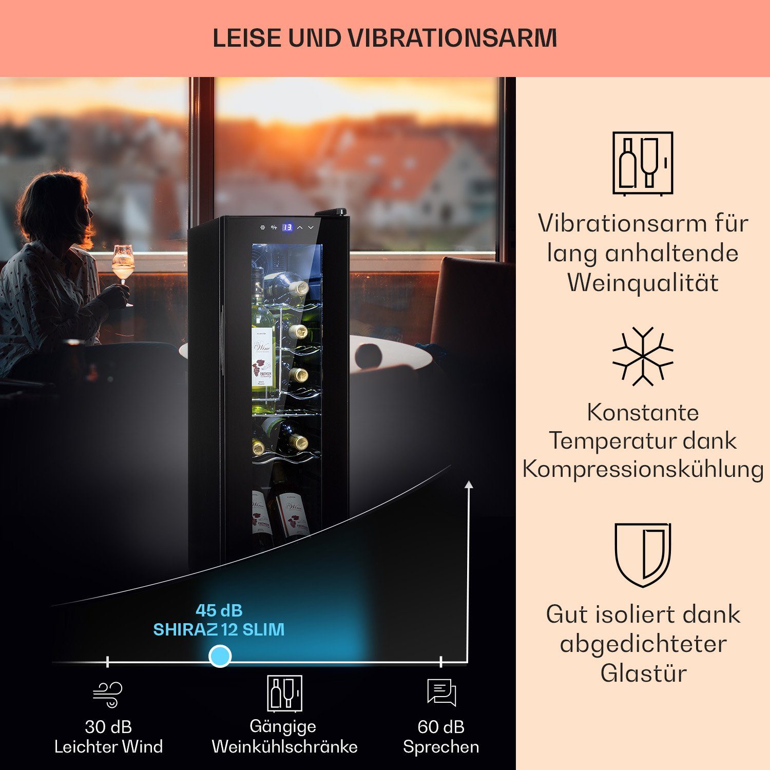 Klarstein Weinkühlschrank Shiraz 12 Slim Uno, für 12 Standardflaschen á 0,75l,Wein Flaschenkühlschrank Weintemperierschrank Weinschrank Kühlschrank