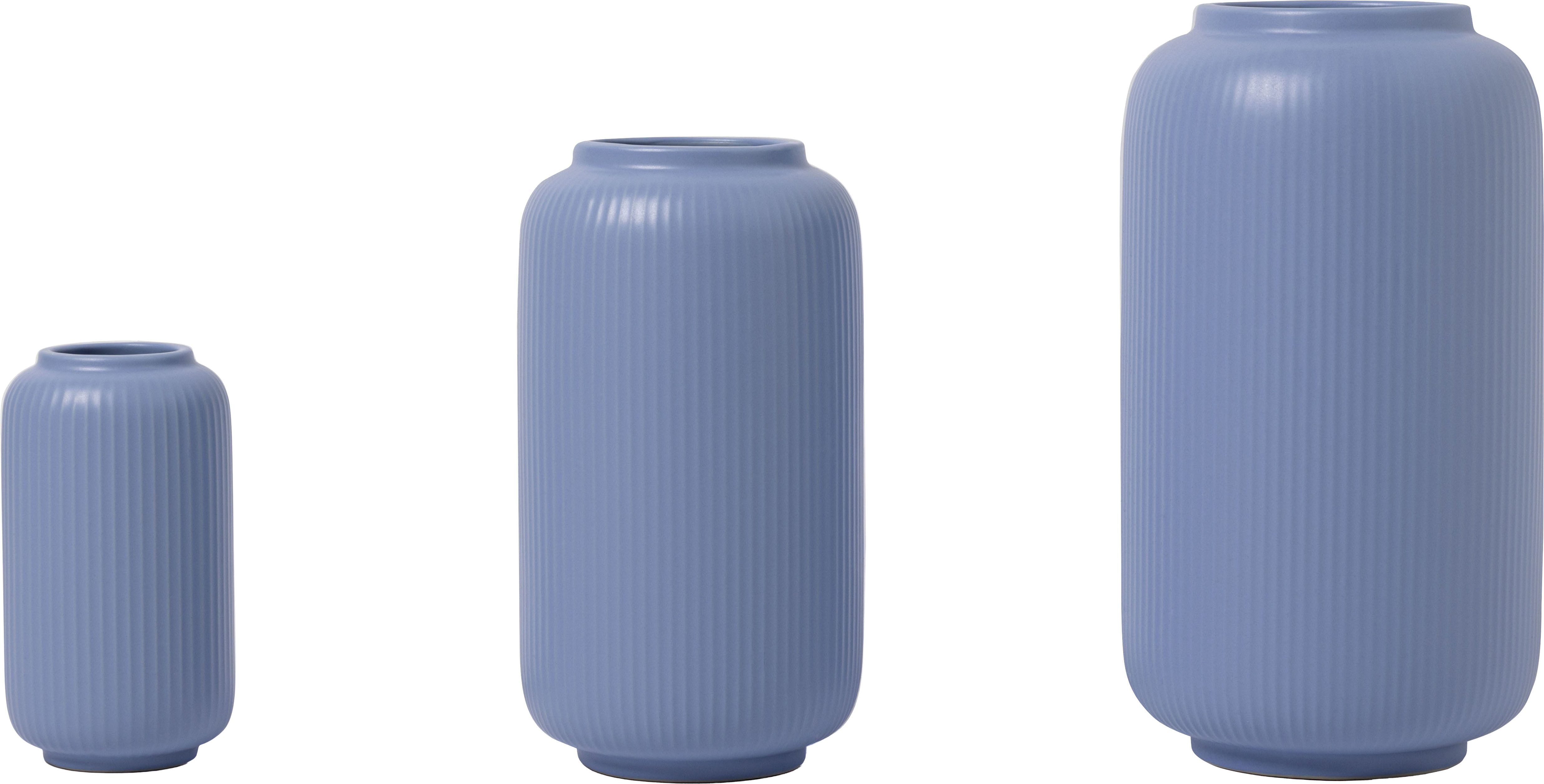 OTTO home Tischvase Ylvii, innen vollständig glasiert und wasserundurchlässig (Set, 3 St., Maße: 12x22cm, 10x18cm und 6,5x12cm, vertikal gerippte Struktur), Vasen aus Keramik, uni matt oder mit glänzender, Effektglasur