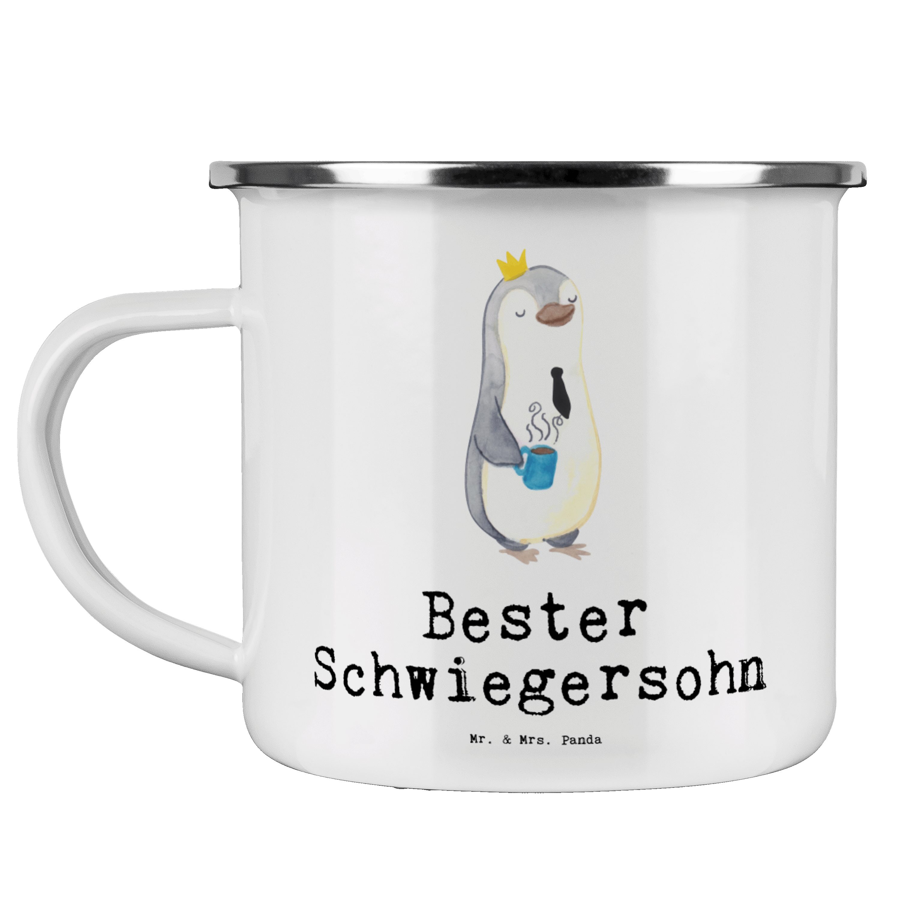 Mr. & Mrs. Panda Becher Pinguin Bester Schwiegersohn - Weiß - Geschenk, Hochzeit, Metalltasse, Emaille