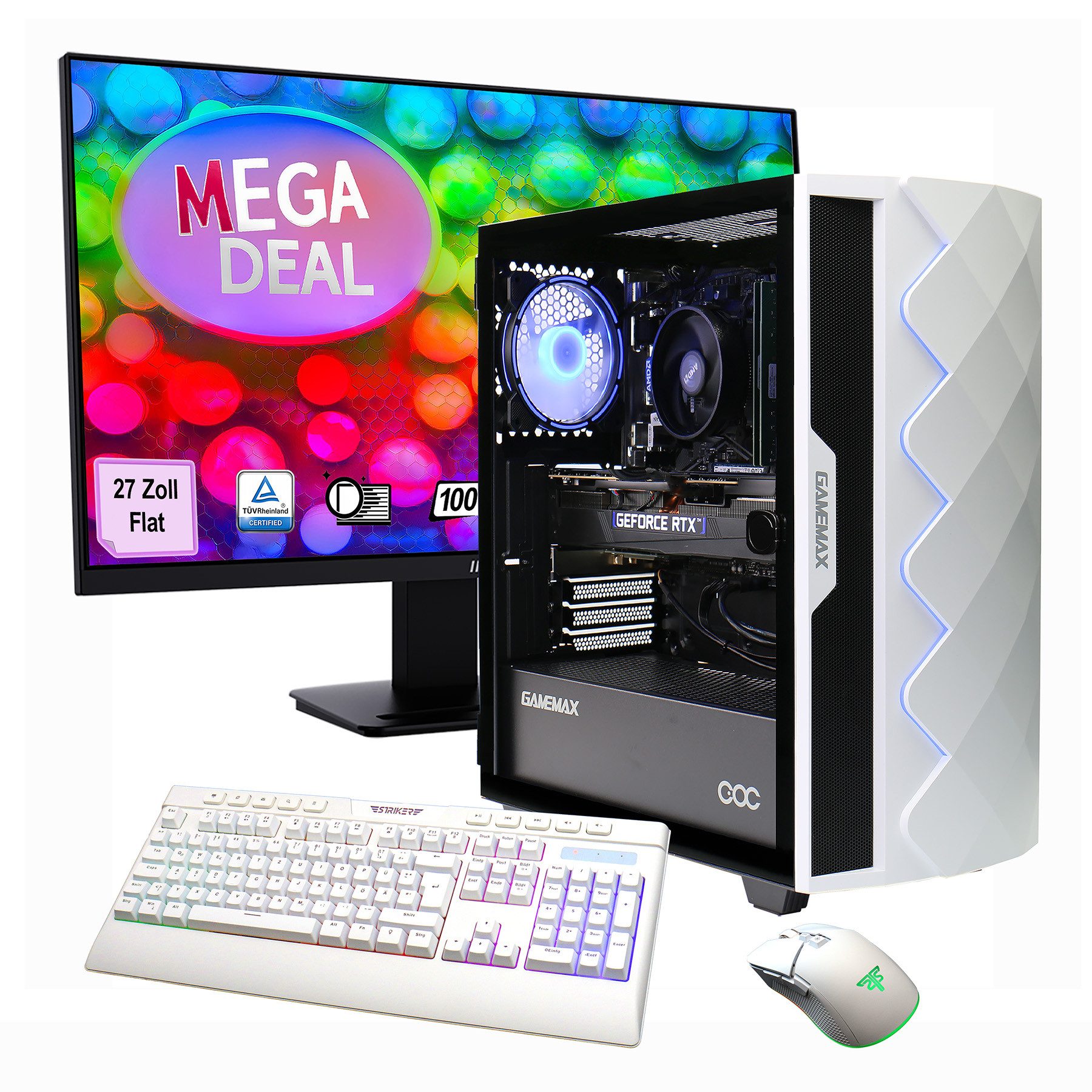 GAMEMAX MegaDeal Diamond WT 2702 AMD Ryzen 7 5700X RTX 5060 16GB 1TB SSD Gaming-PC-Komplettsystem (27", AMD Ryzen 7 5700X, RTX 5060, 16 GB RAM, 1000 GB SSD, Windows 11 + MSI PRO MP273A Monitor, 69cm (27)