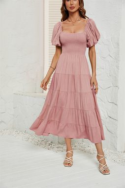 RUZU UG Dirndl Einfarbiges Sommerkleid mit hoher Taille und Puffärmeln für Damen (1-tlg)