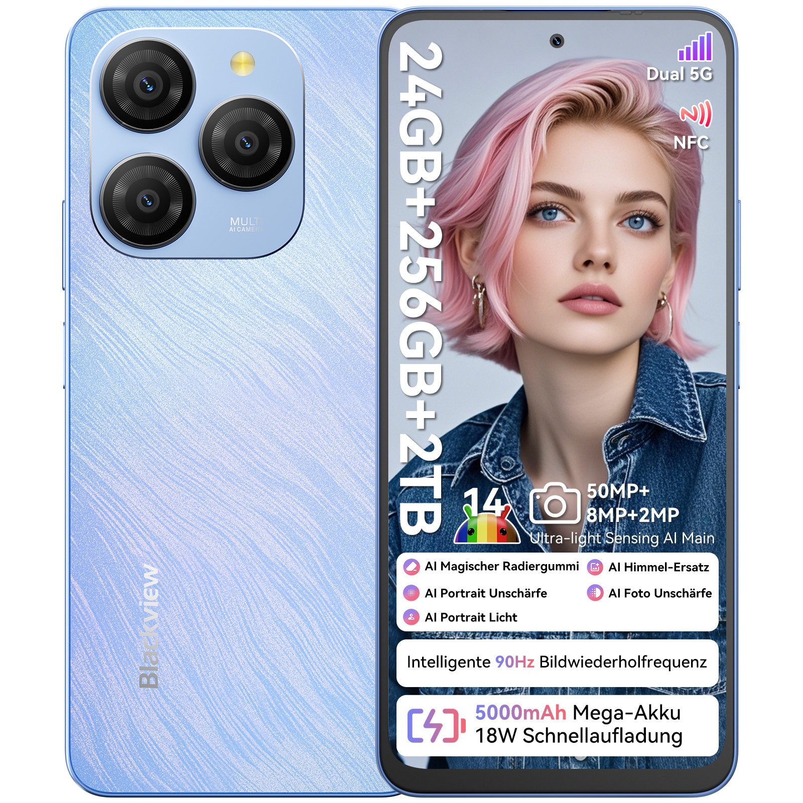blackview Shark9 5G AI Handy (50 MP Kamera, Dual 5G, Android 14, NFC, AI-Dialog)
