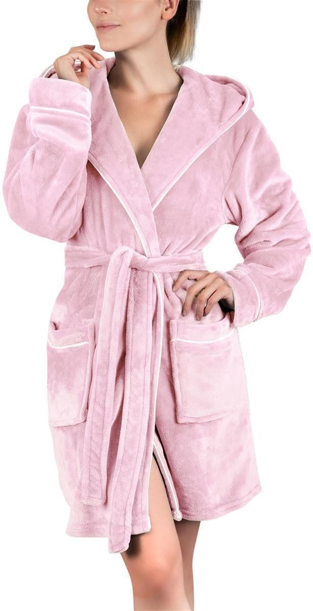 Gräfenstayn Damenbademantel Bademantel Damen flauschig Kapuze Kuschelfleece Rosa, warm & kuschelig, Knielang, Fronttaschen, Gürtel, S-XXL