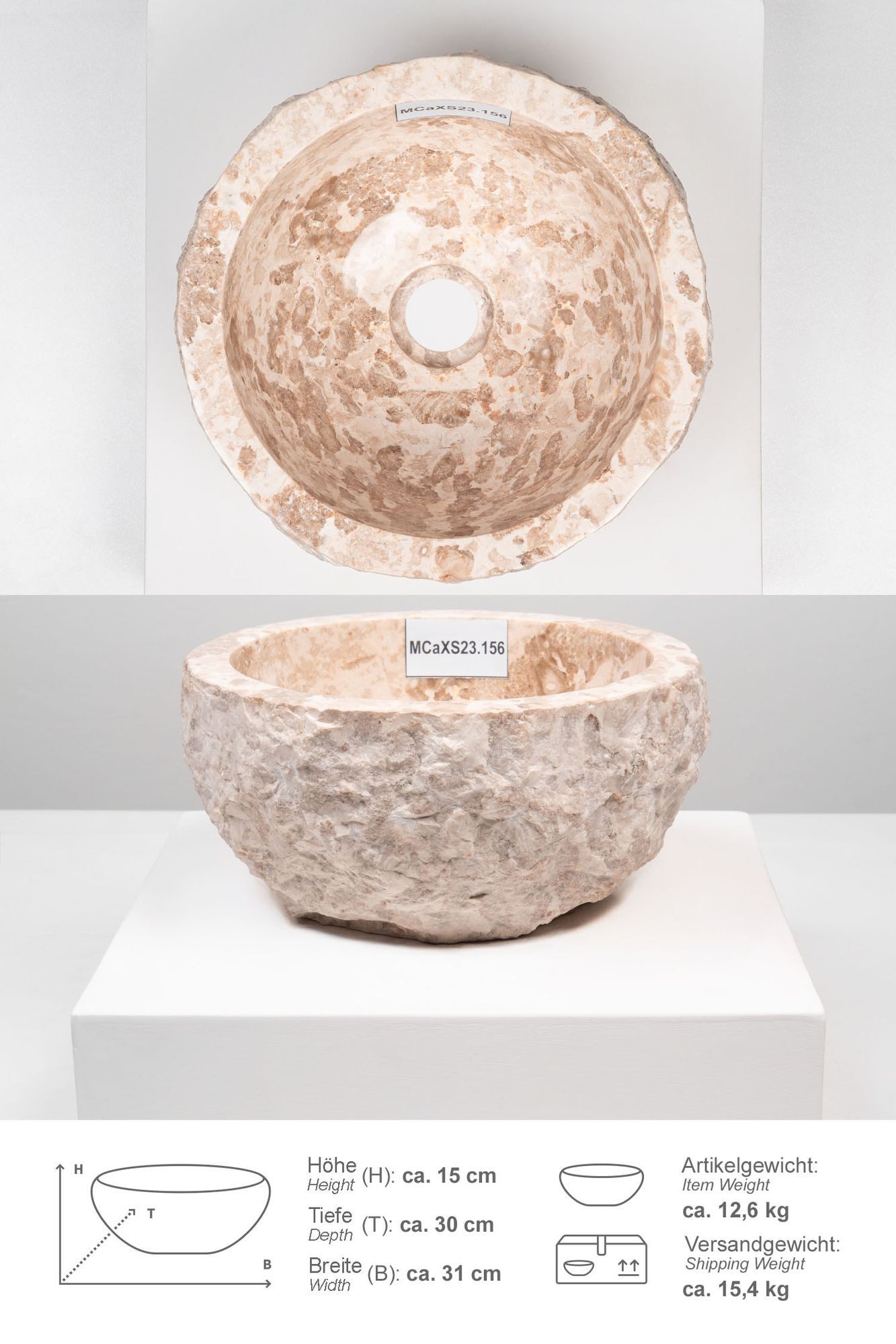 wohnfreuden Aufsatzwaschbecken Erosi Marmor Waschbecken 30 cm creme (Kein Set), 101659_MCaXS23.156
