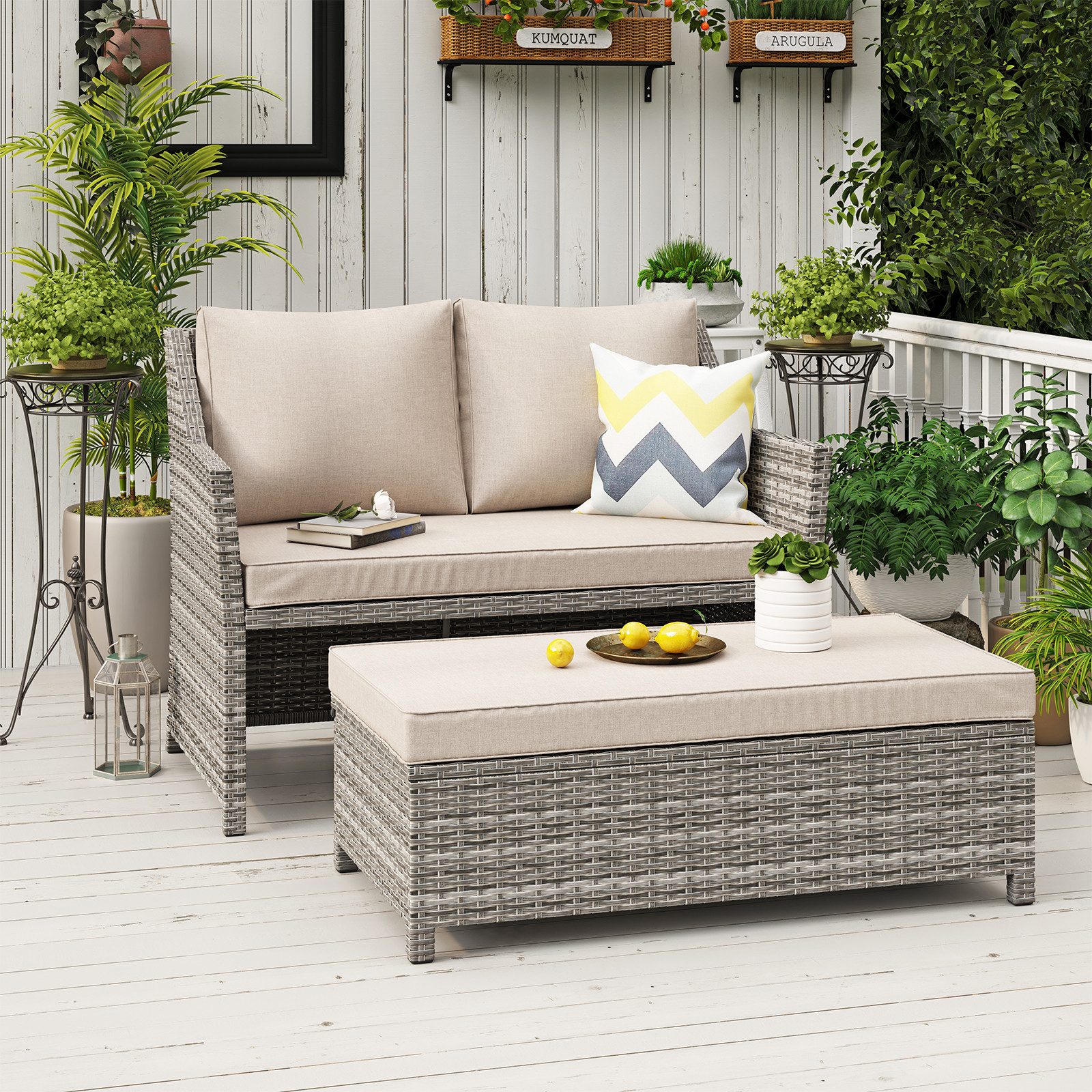 JOIVI Gartenbank 2-tlg Outdoor Rattan Gartenbank (Terrasse Loveseat mit Couchtisch, mit integriertem Staufach), grauem Rattan und grauen Kissen