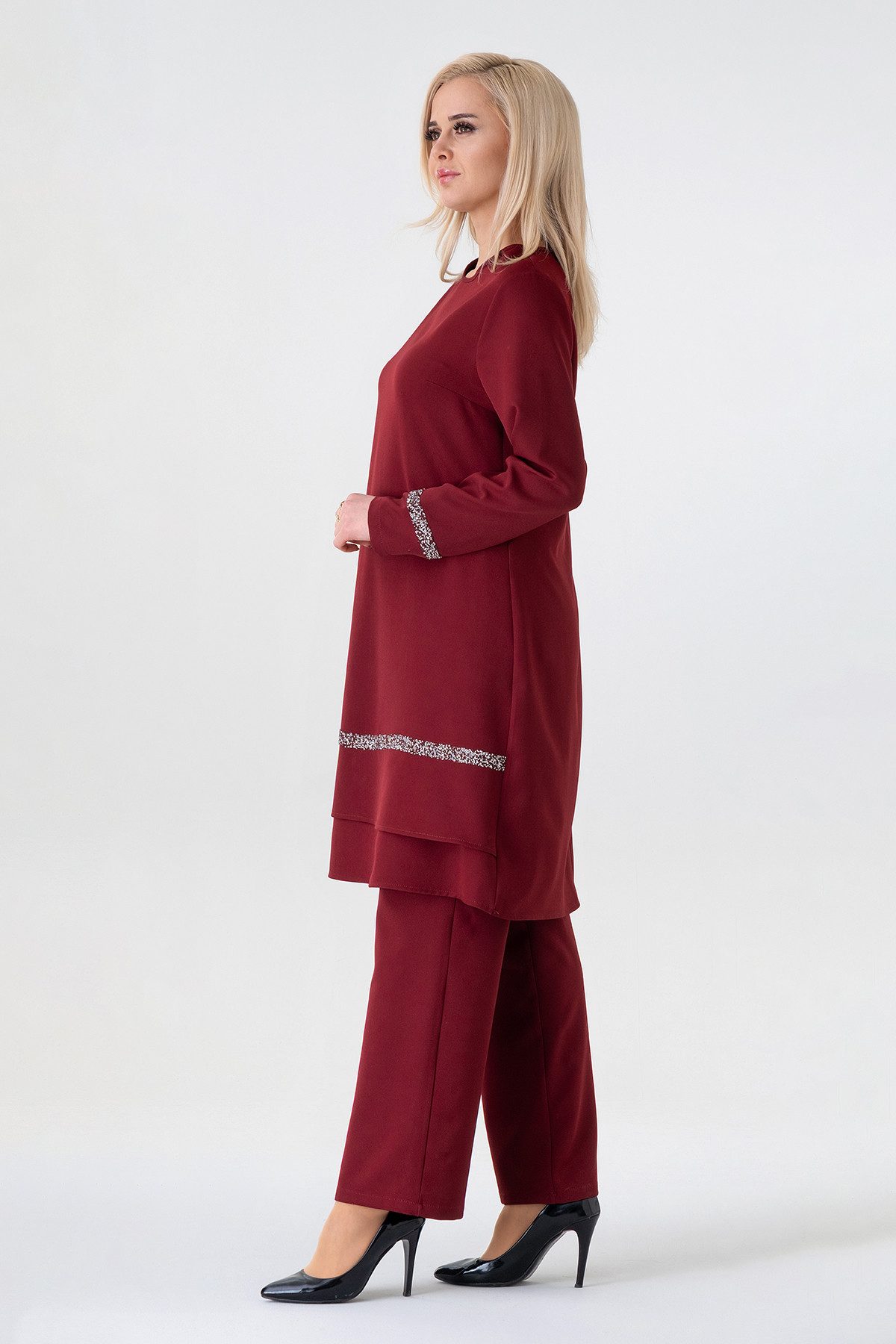 fashionshowcase Hosenanzug Zweiteiler mit langer Tunika mit Glitzerborten - Modest Fashion (2-tlg) Doppelsaum, funkelnde Akzente, 4-Jahreszeiten-tauglich