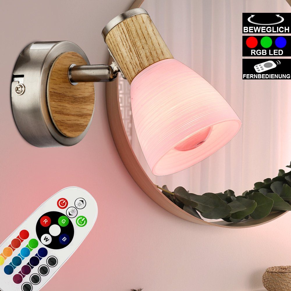 etc-shop LED Wandleuchte, Leuchtmittel Leuchte Holz Spot Farbwechsel, FERNBEDIENUNG Lampe Wand Warmweiß, inklusive, Glas Strahler