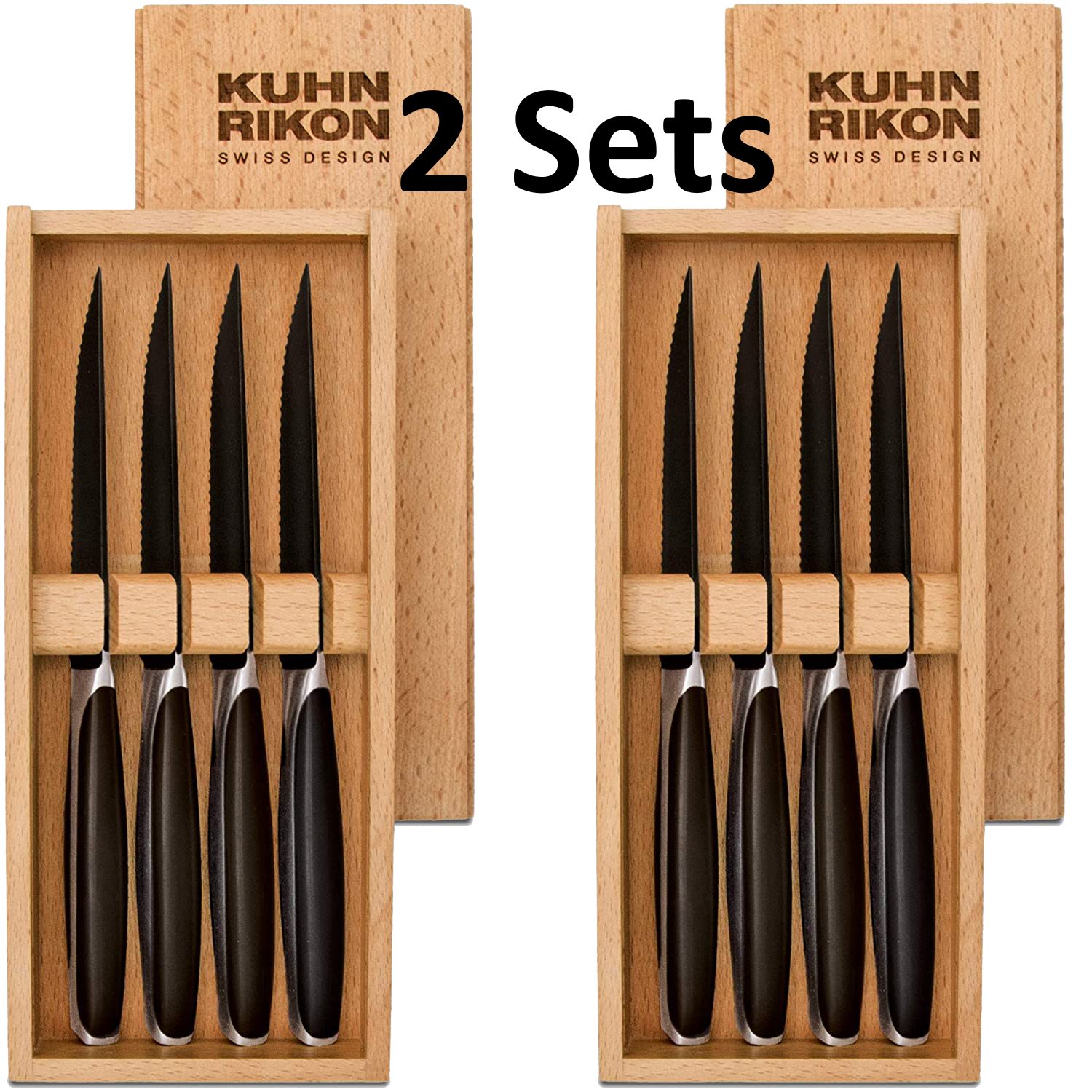 KUHN RIKON Steakbesteck Hochwertiges Steakbesteck Steakmesser Black Peak (8-tlg), 4 Personen, Edelstahl, japanischer Edelstahl mit Buchenholz-Box