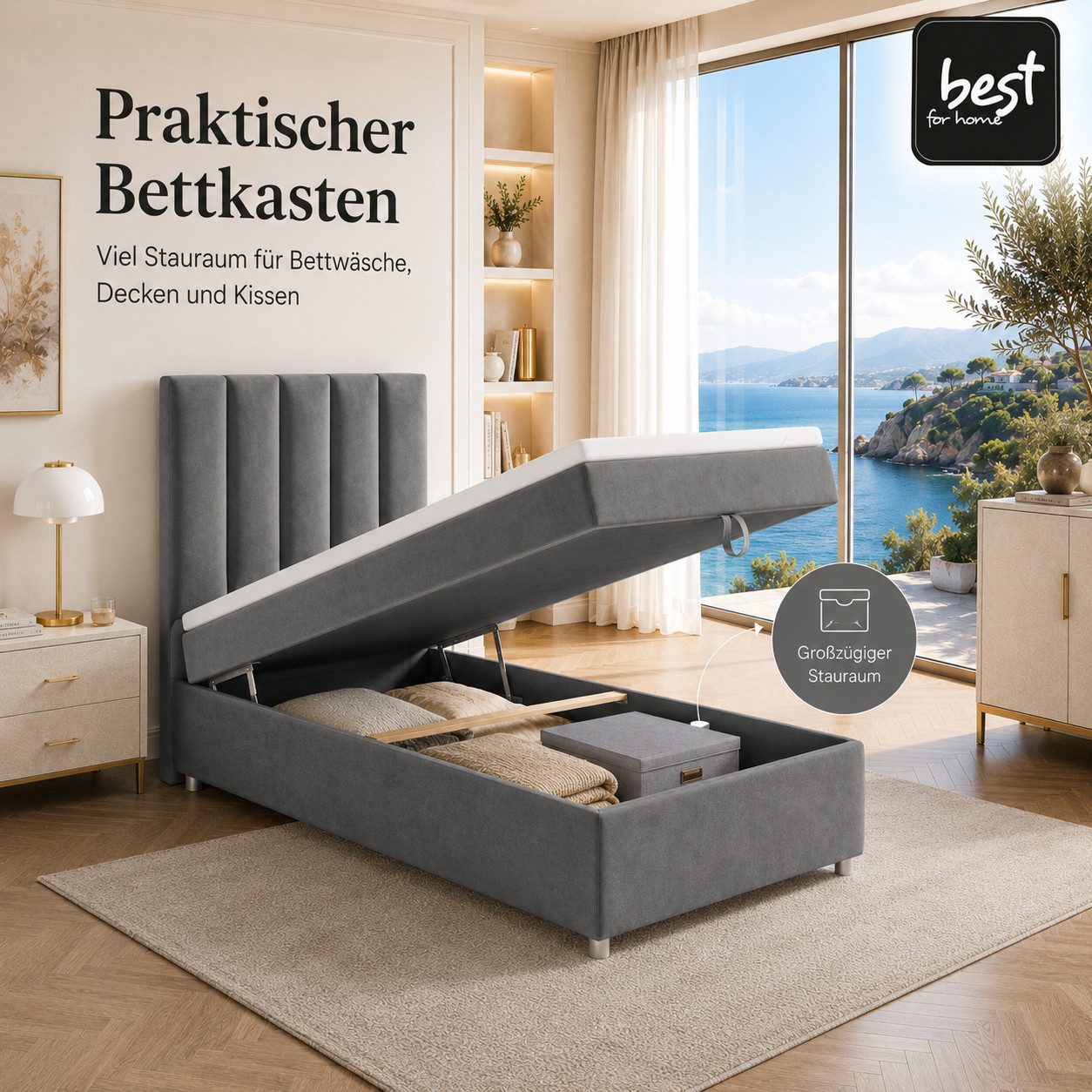 Best for Home Boxspringbett Trinity K10 SINGLE mit Bettkasten & Bonellfederkern, Komfort Topper H3 (Einzelbett, Polsterbett gepolstertes Kopfteil, Jugendbett, Kinderbett versch. Größen, 1-St., 70x200 80x200 90x200 100x200 cm), Stauraum unter dem Bett; Ergonomischer Schlafkomfort; Massivholzrahmen
