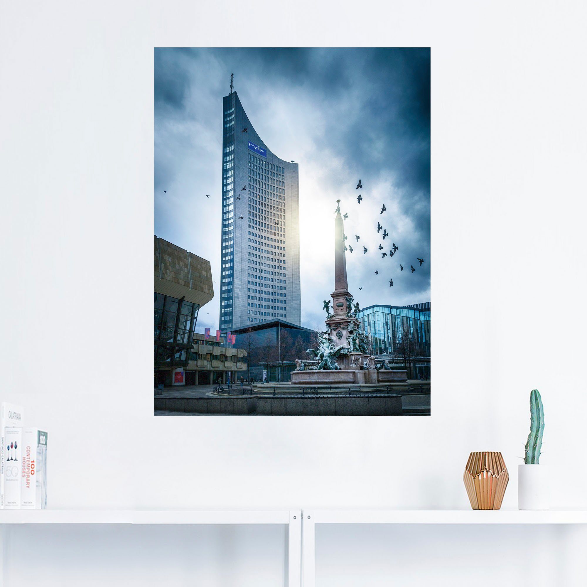 Artland Wandbild Hochhaus Leipzig Sonnenschein Wandaufkleber Wolken, und als versch. Leinwandbild, Alubild, St), Gebäude oder in (1 Poster Größen