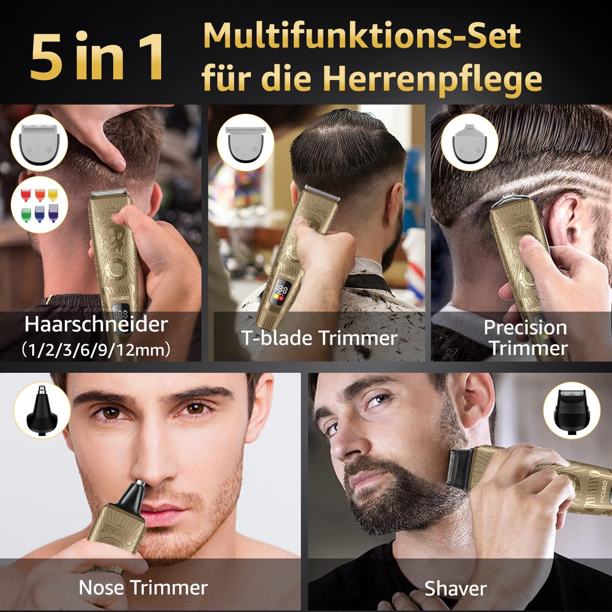 MCURO Haarschneider Haarschneidemaschine Profi Set 5-in-1 Barttrimmer Herren, Haar- und Bartschneider,Nasenhaartrimmer Präzisionstrimmer, Haarschneider mit 6 Begrenzungskamm,150 Min Akku,LED-Anzeige