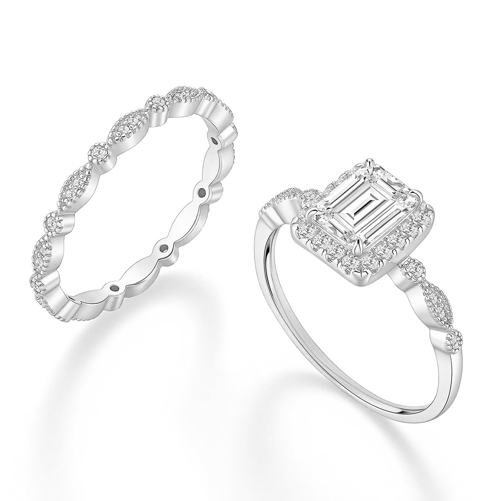 Jumpeak Diamantring 2ct-Smaragd-Diamant-Ring-Set, Ring-Set aus 585er Gold, Damen-Eheringe, Verlobungsring,Damenring-Set aus Weißgold,Stapelringe,IGI-Zertifikat