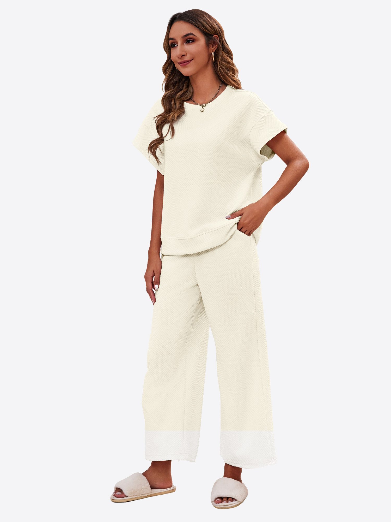 Imily Bela Hausanzug Damen Loungewear-Sets (Set, 1 tlg., Kurzarmtops + Cropped-Hosen mit weitem Bein) einfarbig – Bild 4 von 5