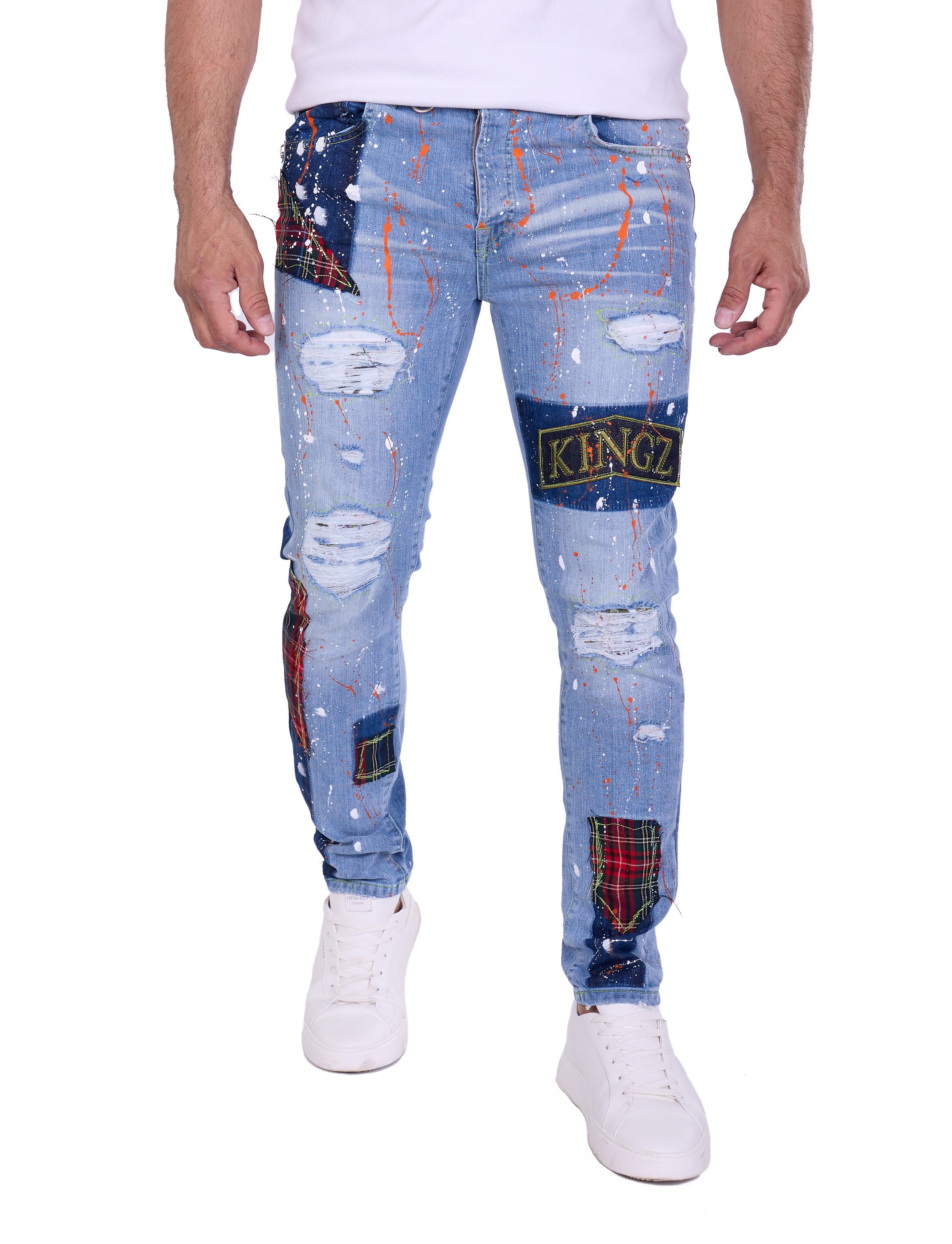 KINGZ Slim-fit-Jeans Herren Designer Patwork Slim Fit Jeans
