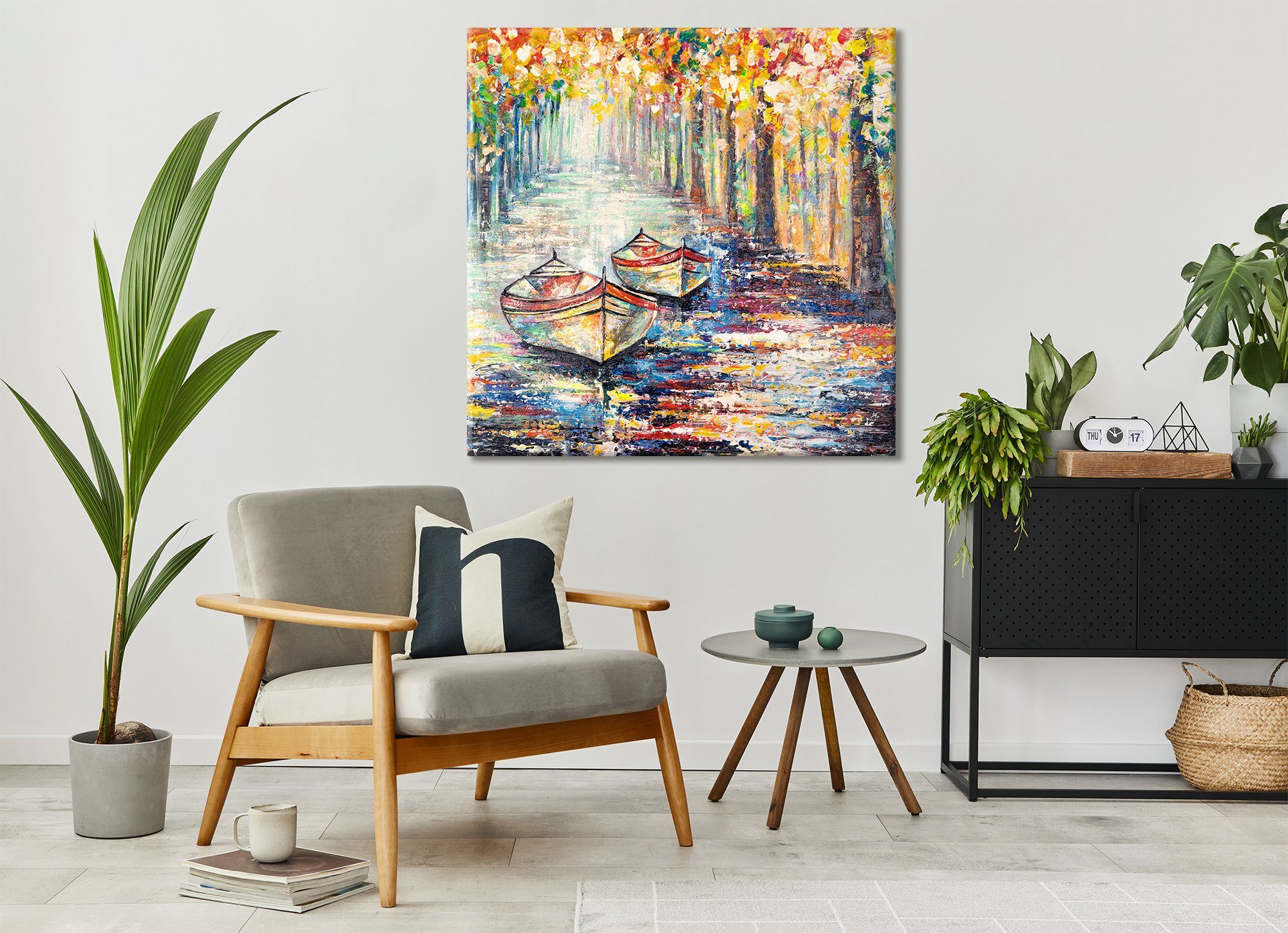 YS-Art Gemälde Herbstlicher Bild Landschaft, Handgemalt Baum Ohne Anlegeplatz, Bunt Schattenfugenrahmen Leinwand Segelboote