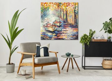 YS-Art Gemälde Herbstlicher Anlegeplatz, Landschaft, Segelboote Baum Bunt Leinwand Bild Handgemalt