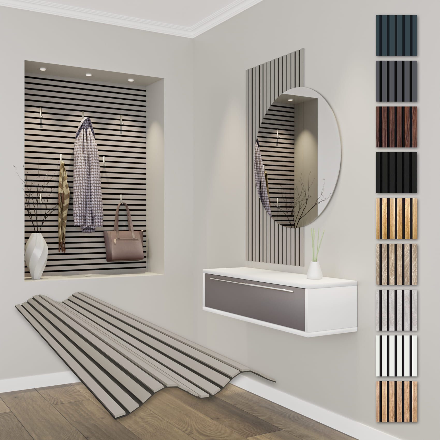 Hexim Wanddekoobjekt APF02 (Akustikpaneele 118x60cm Holz Comfort - flexible Holzpaneele Platten Lamellenwand MDF Wandpaneele Lamellenverkleidung Wandverkleidung schalldämmend 0.71m² Sandgrey)