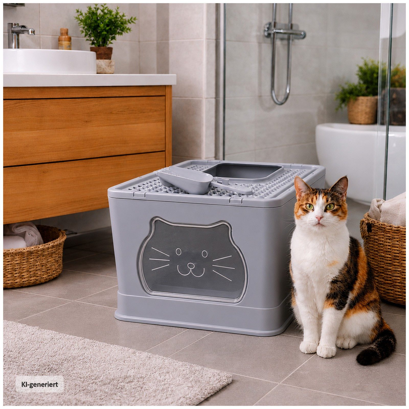 HTI-Living Katzentoilette Katzenklo mit Deckel und Streuschaufel aus Kunststoff grau