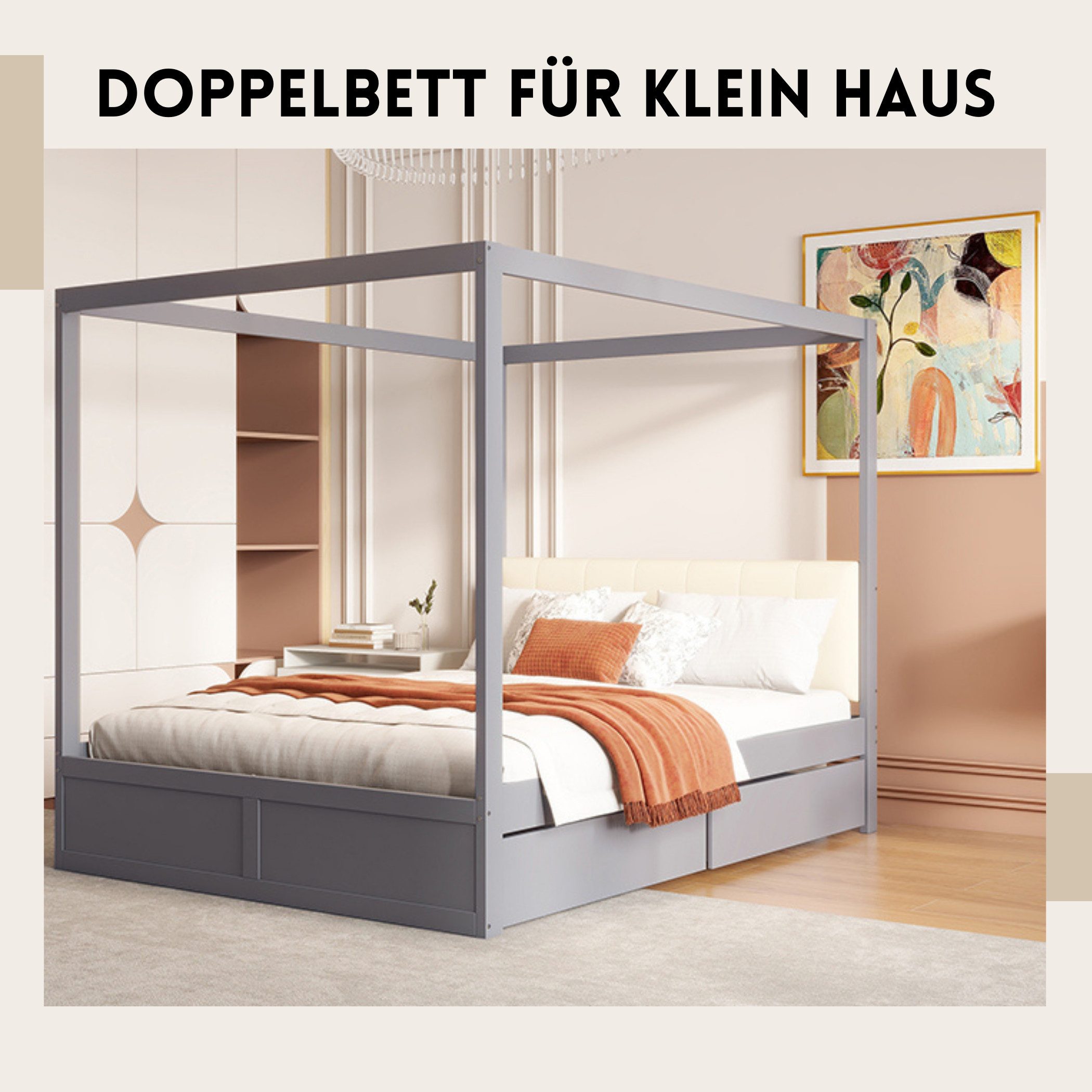 SeedWave Holzbett Modern Himmelbett Doppelbett mit Rückenlehne, 2 Schubladen, 140×200cm, Schubfächer ohne Griffe, mit Oberrahmen zum Aufhängen