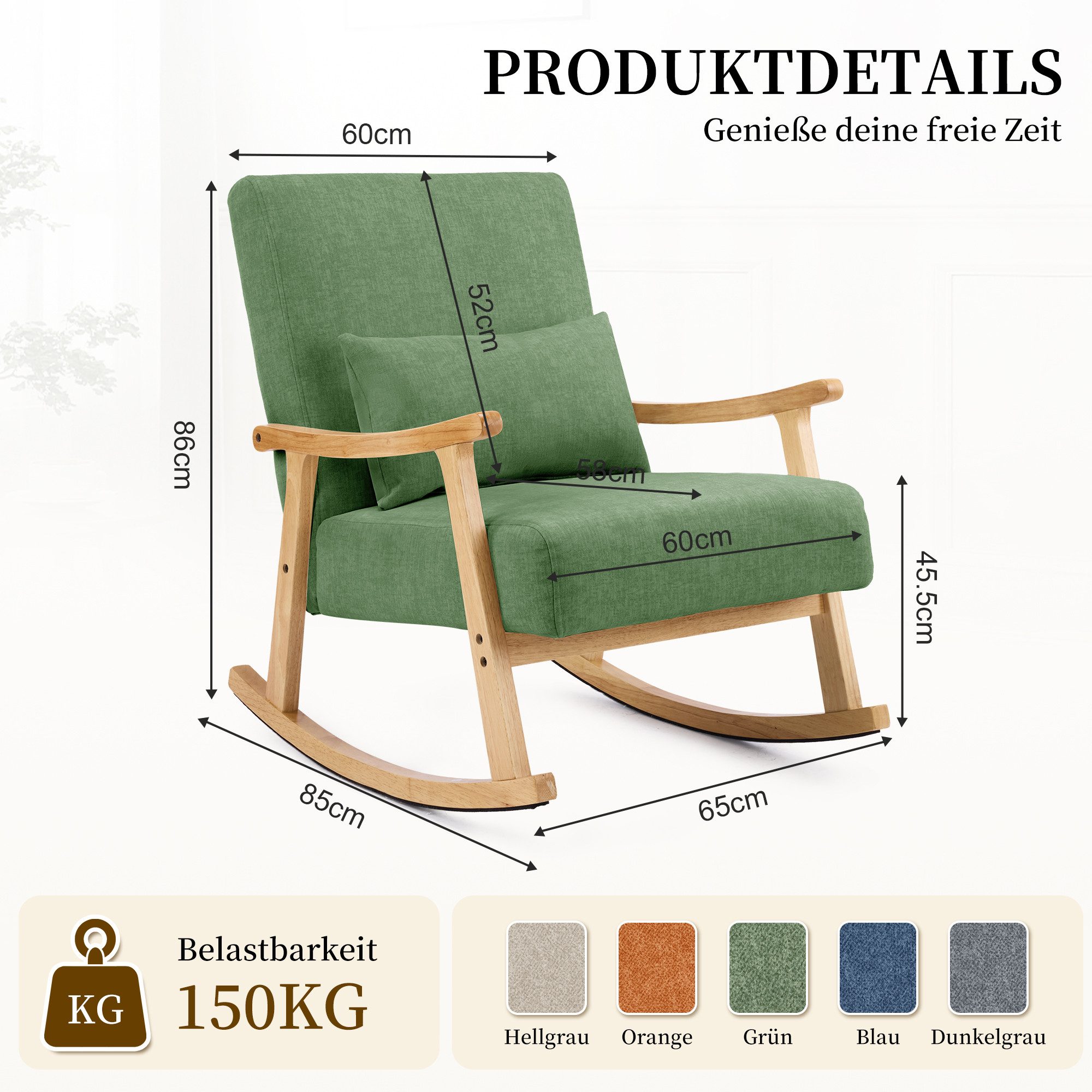 Aunekiv Schaukelstuhl Moderner Relaxsessel mit Kissen, 35° Schaukelwinkel, 65 x 85 x 86 cm (1 St), Holzrahmen, bis 150 kg belastbar, für Wohnzimmer & Schlafzimmer