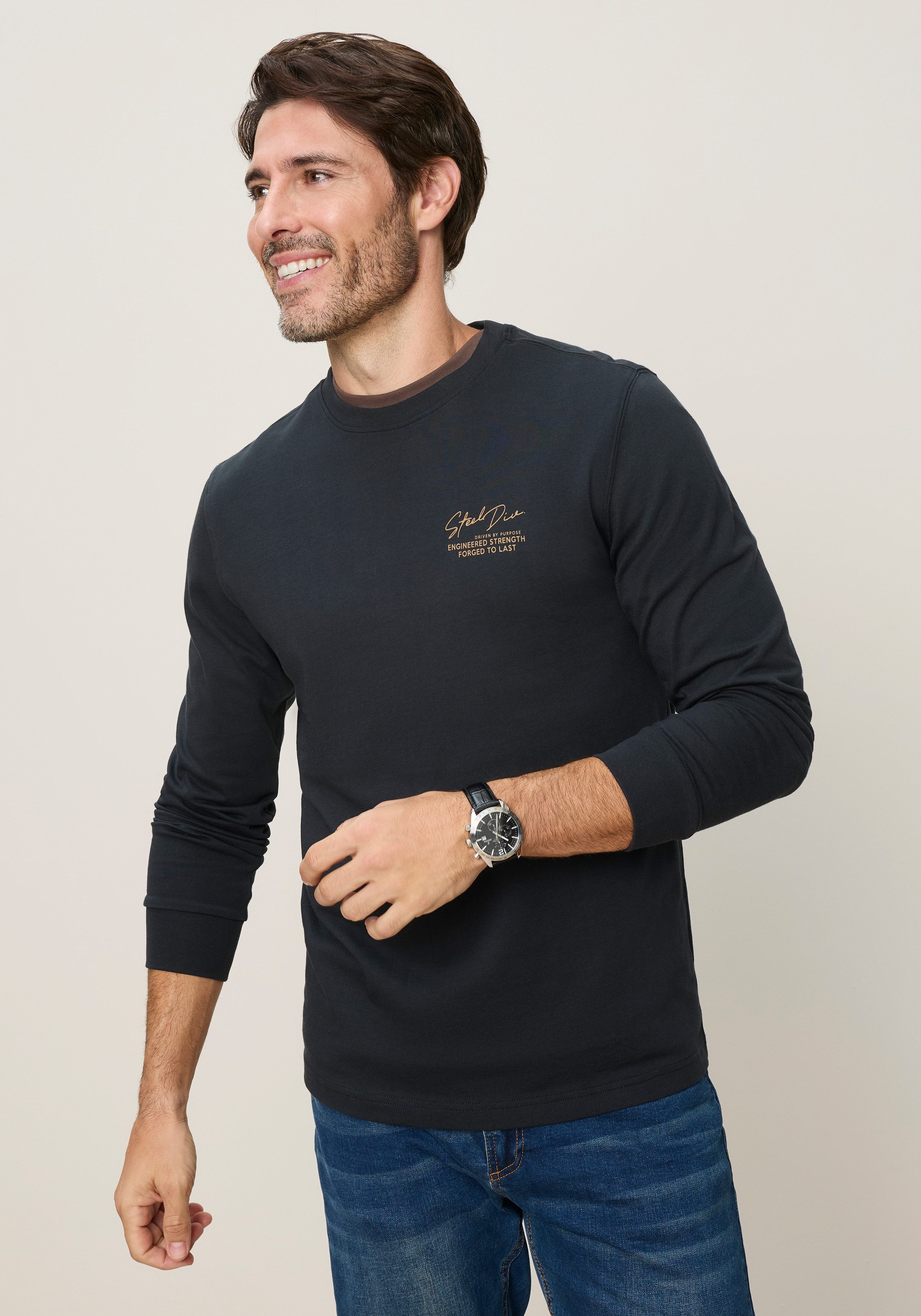 Man's World Rundhalsshirt schmale Passform, mit Langarm, unifarben, mit Print und Stickerei – Bild 2 von 5