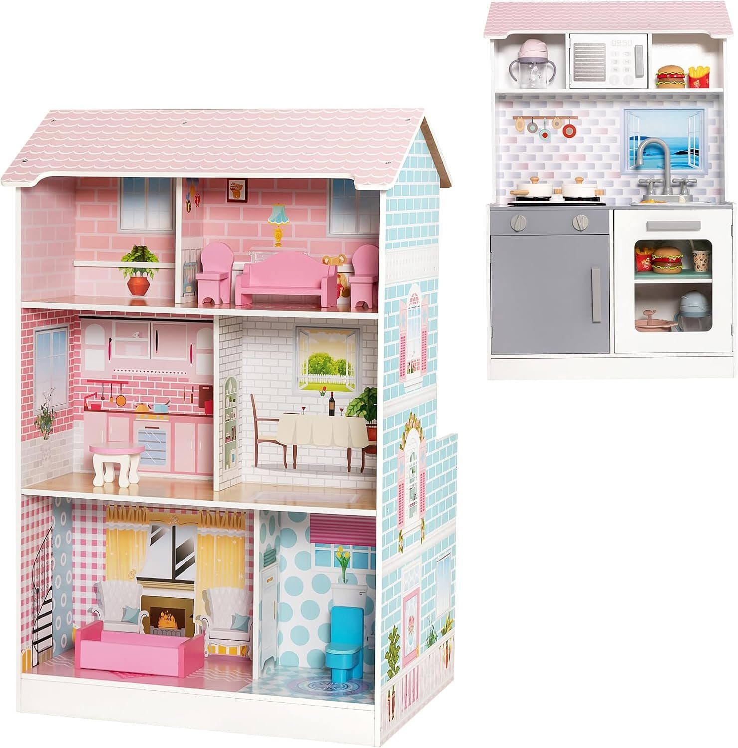 KOMFOTTEU Puppenhaus Spielküche, mit Zubehör und 6 Möbelstücken