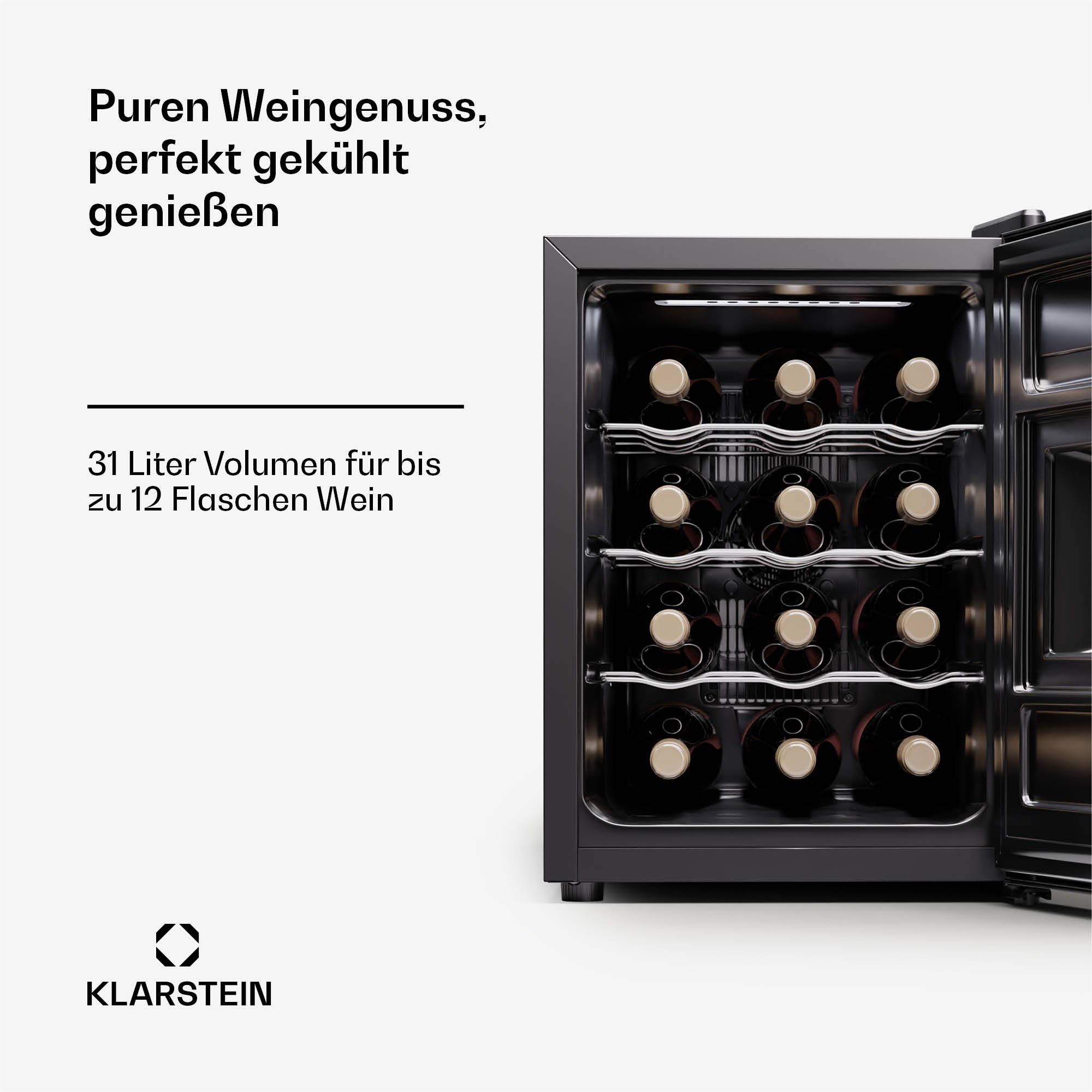 Klarstein Weinkühlschrank Silent Vino Flaschenkühlschrank Weinschrank Weintemperierschrank Kühlschrank á 12 Standardflaschen 12 Uno, 0,75l,Wein für