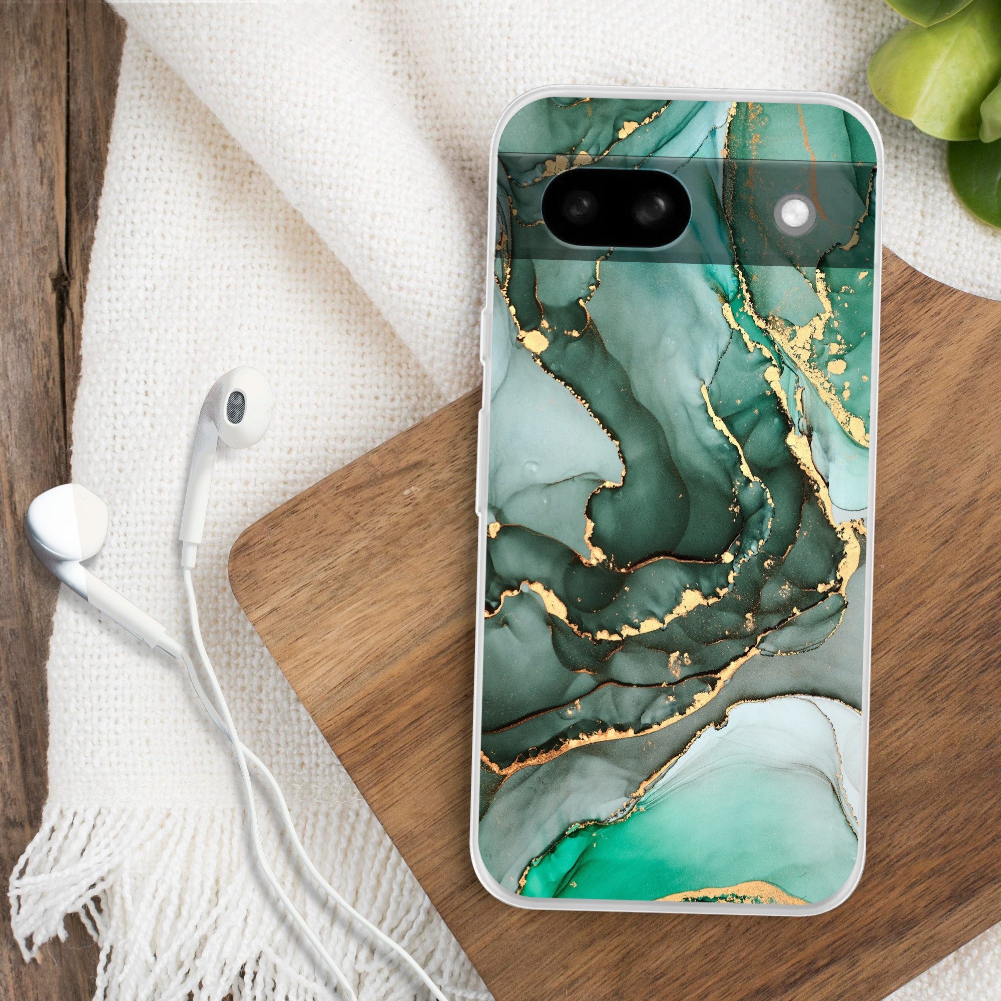 MuchoWow Handyhülle für Google Pixel 8a Gold - Marmor - Grün - Luxus - Marmoroptik - Grau, Phone Case, Silikon, Schutzhülle Dünn