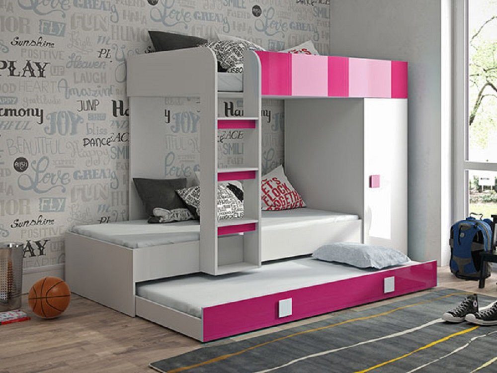 2 Farbe Griffe - (Etagenbett TOLEDO weiß wählbar / Hochbett / Kleiderschrank) Feldmann-Wohnen Hochglanz pink weiß mit pink