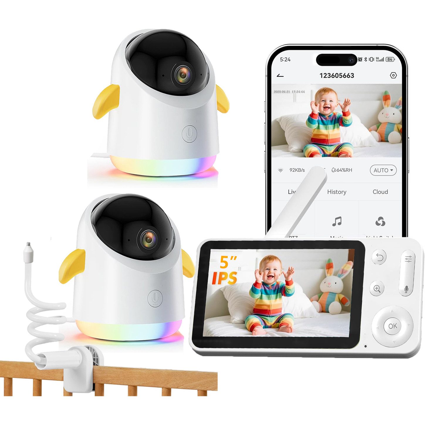Video-Babyphone 2K Babyphone mit 2 Kameras 5" Display Video Babyfon mit App mit Halter